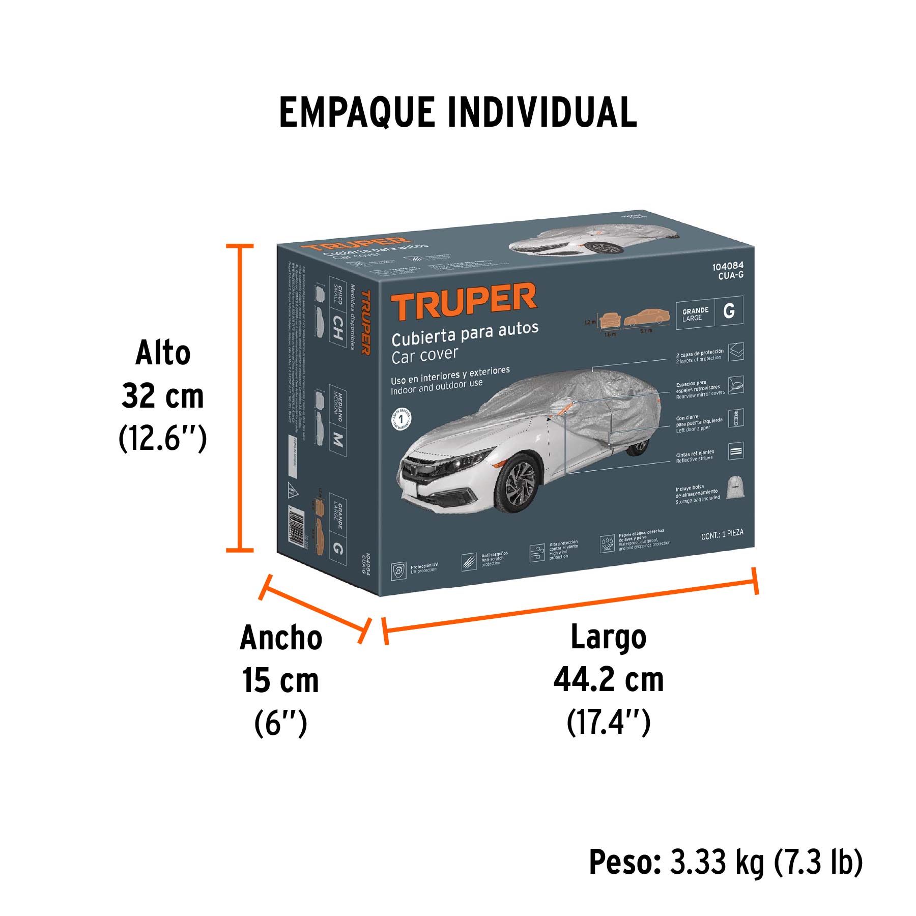 Cubierta para autos grandes, 1.8 x 5.7 x 1.2 m, TRUPER - Empaque
