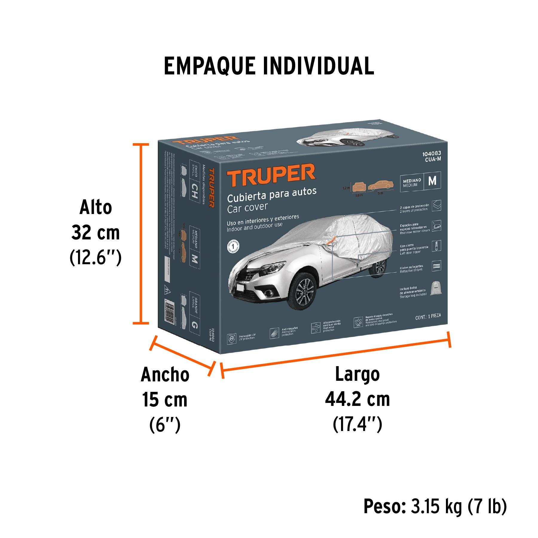 Cubierta para autos medianos, 1.8 x 5.0 x 1.2 m, TRUPER - Empaque