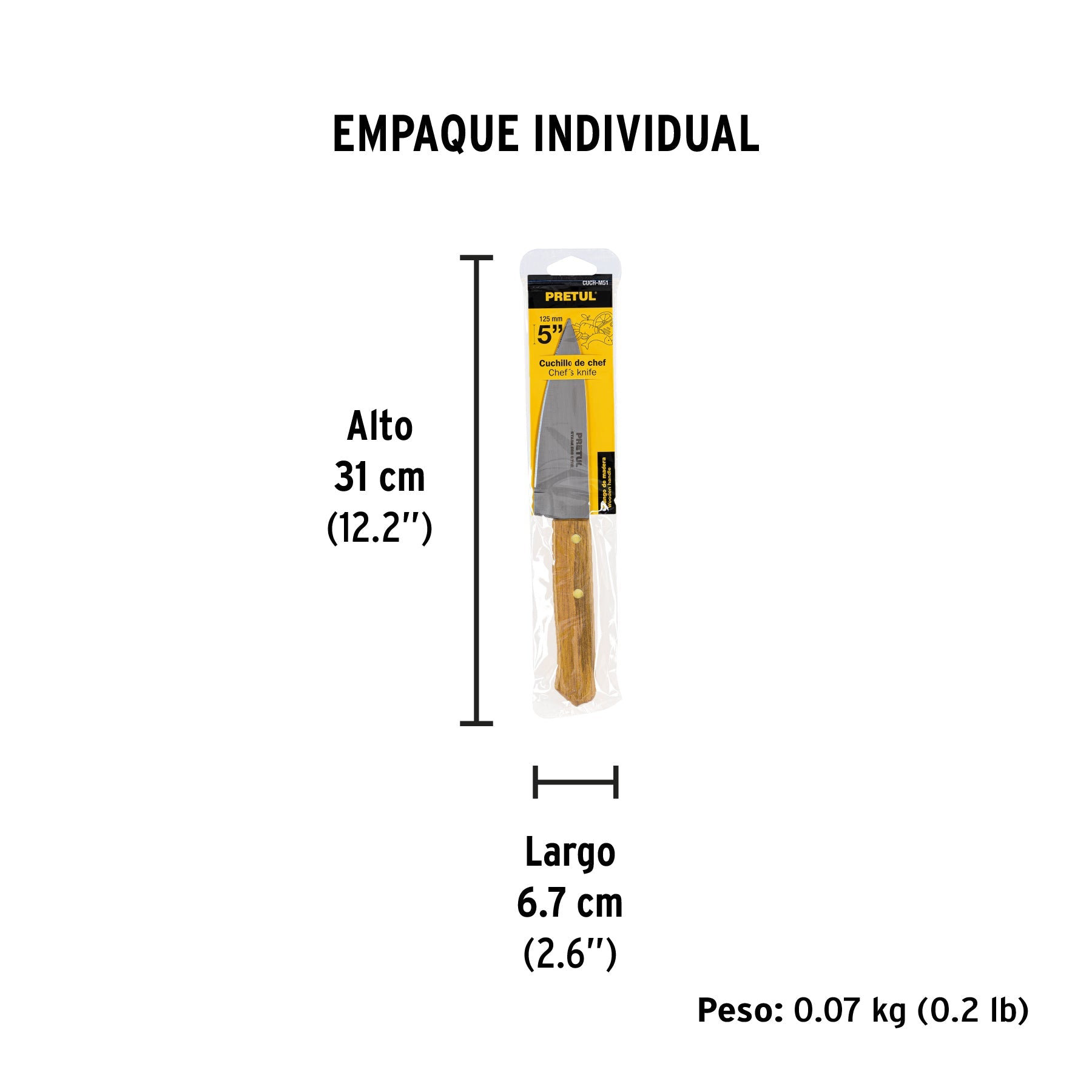 Cuchillo de chef 5" mango de madera, PRETUL - Empaque
