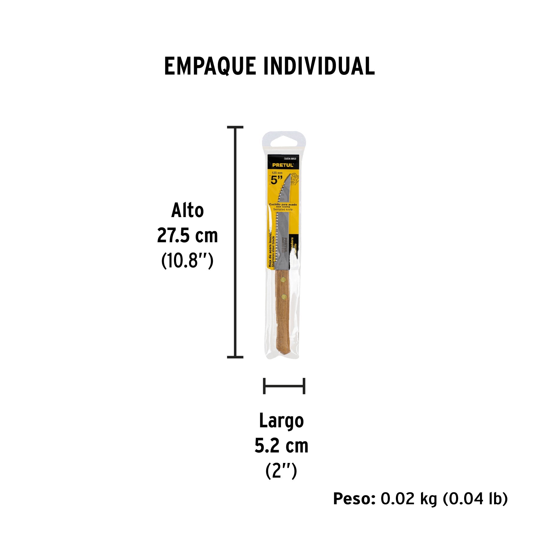 Cuchillo con sierra para asado 5" mango de madera, PRETUL - Empaque