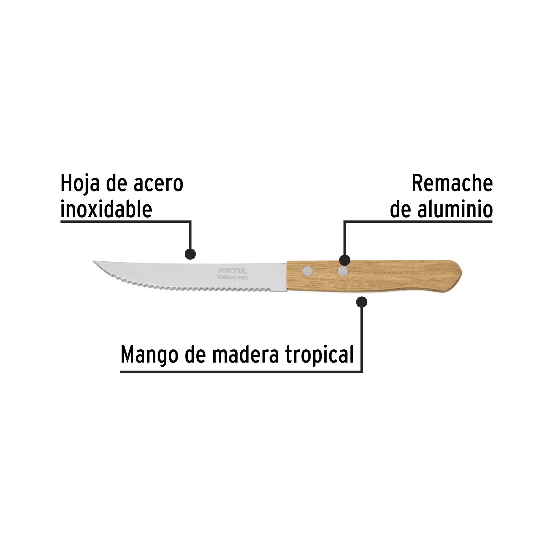 Cuchillo con sierra para asado 5" mango de madera, PRETUL