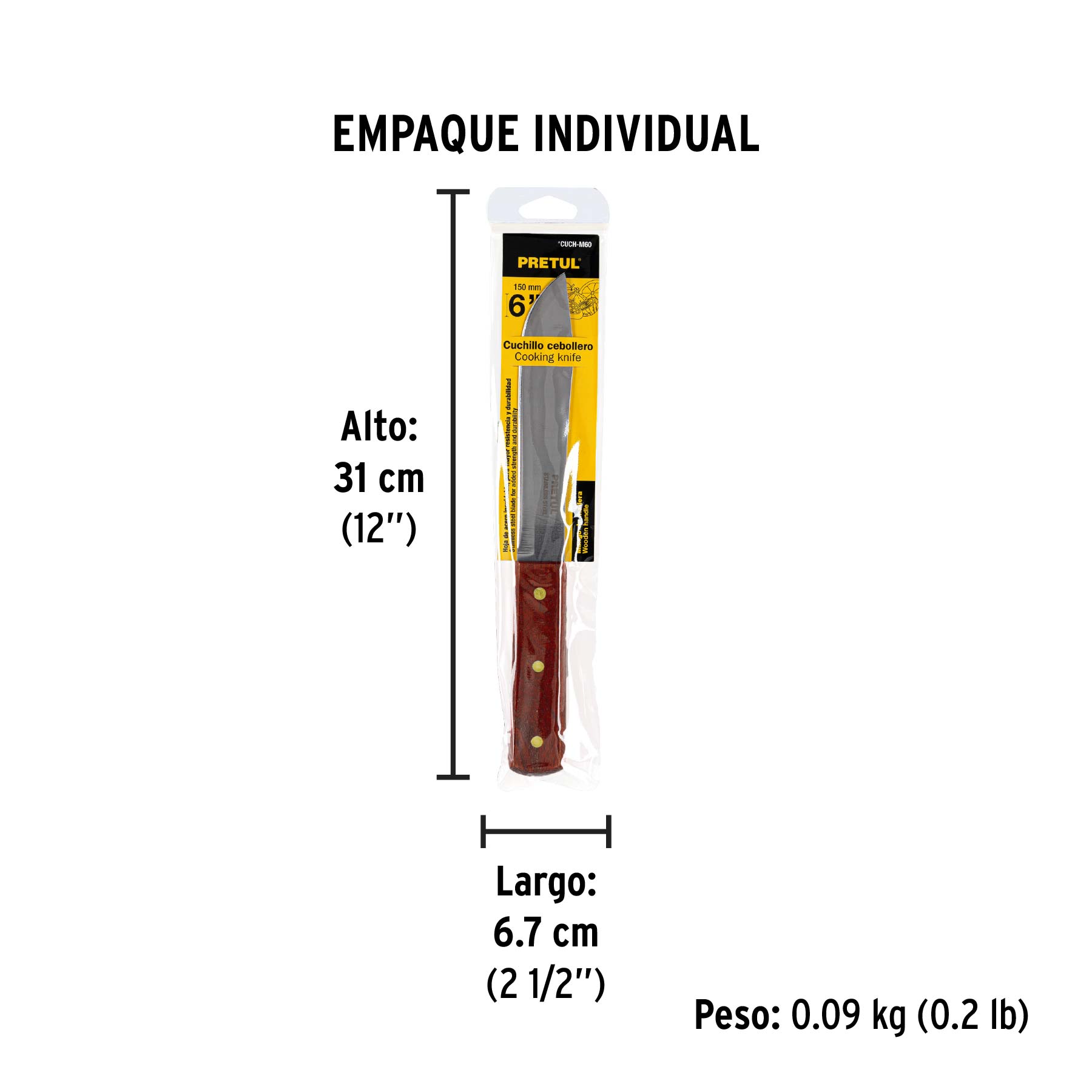 Cuchillo cebollero 6" mango de madera, PRETUL - Empaque