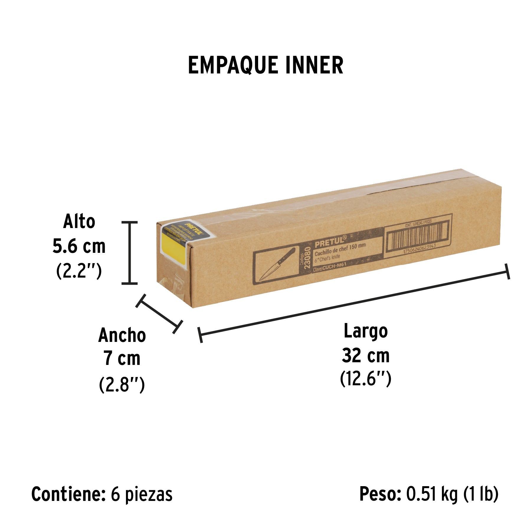 Cuchillo de chef 6" mango de madera, PRETUL - Empaque