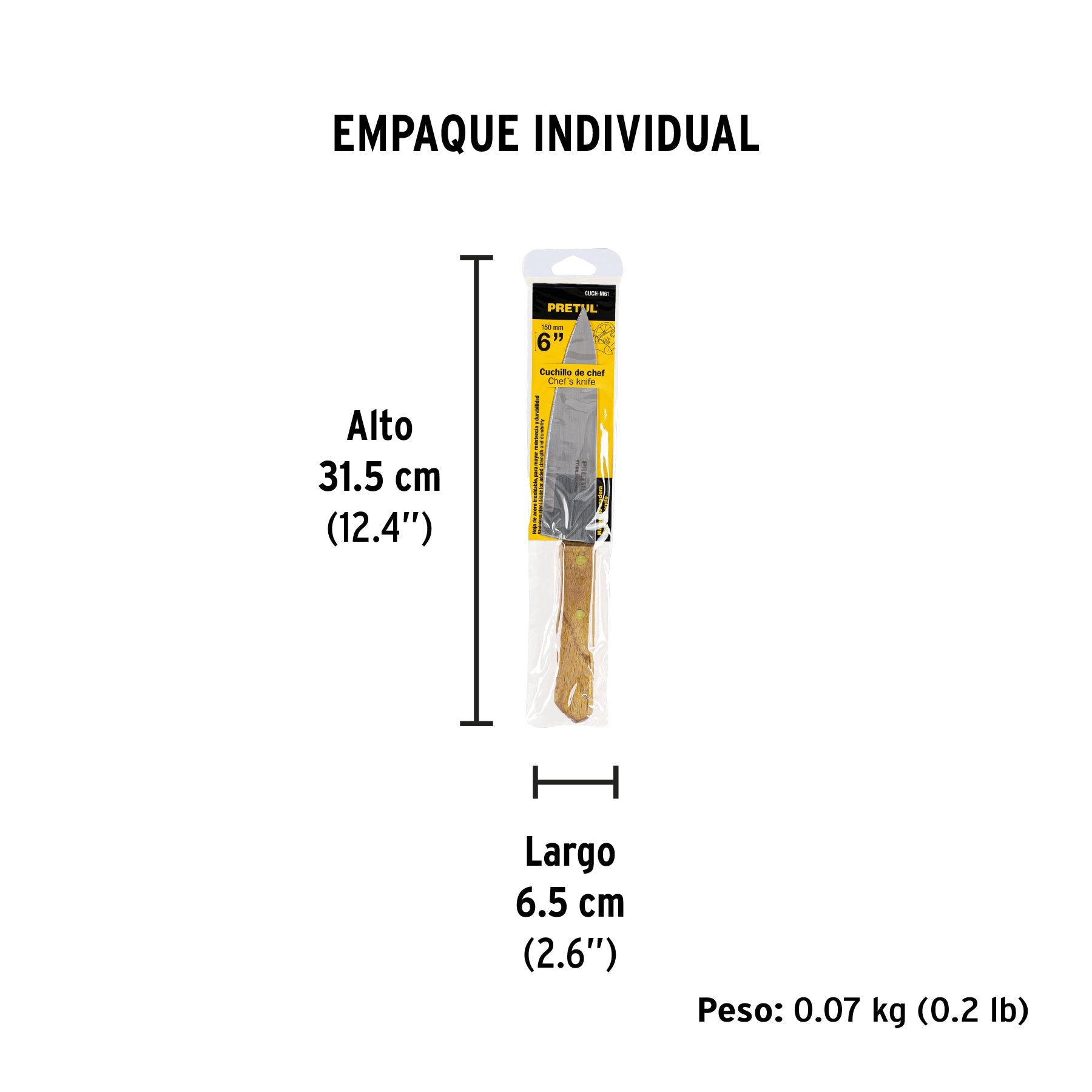 Cuchillo de chef 6" mango de madera, PRETUL - Empaque