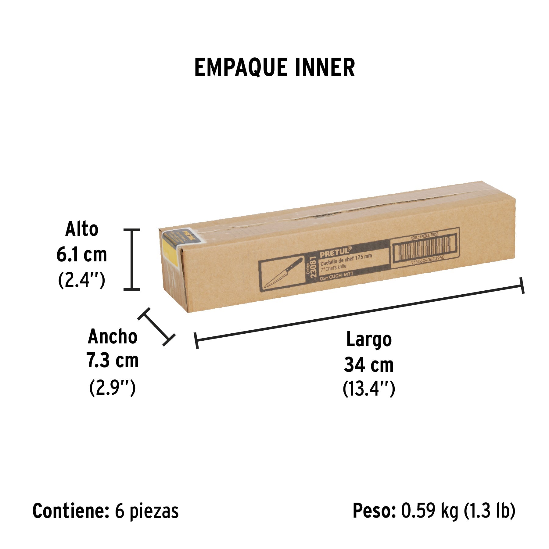 Cuchillo de chef 7" mango de madera, PRETUL - Empaque
