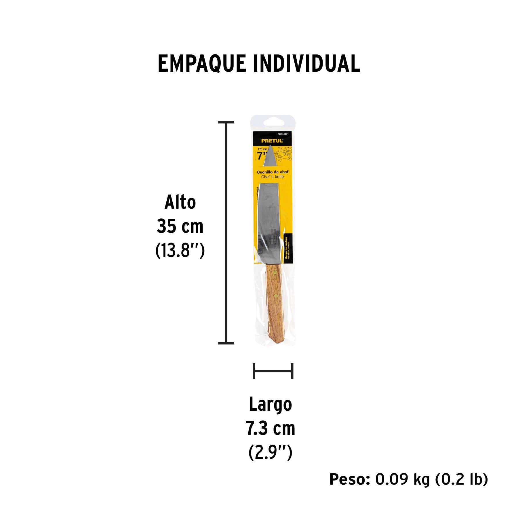 Cuchillo de chef 7" mango de madera, PRETUL - Empaque