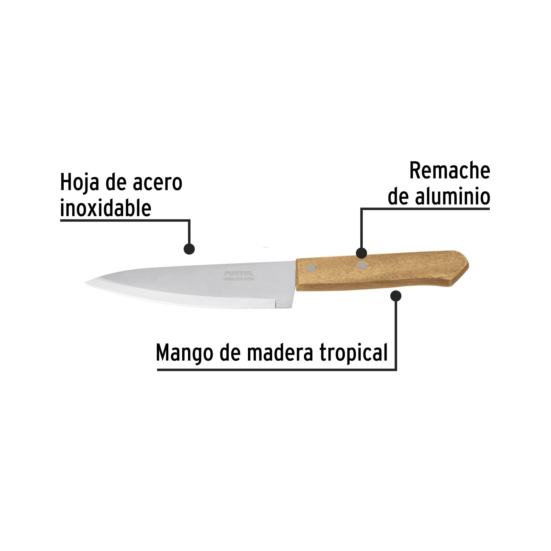 Cuchillo de chef 7" mango de madera, PRETUL