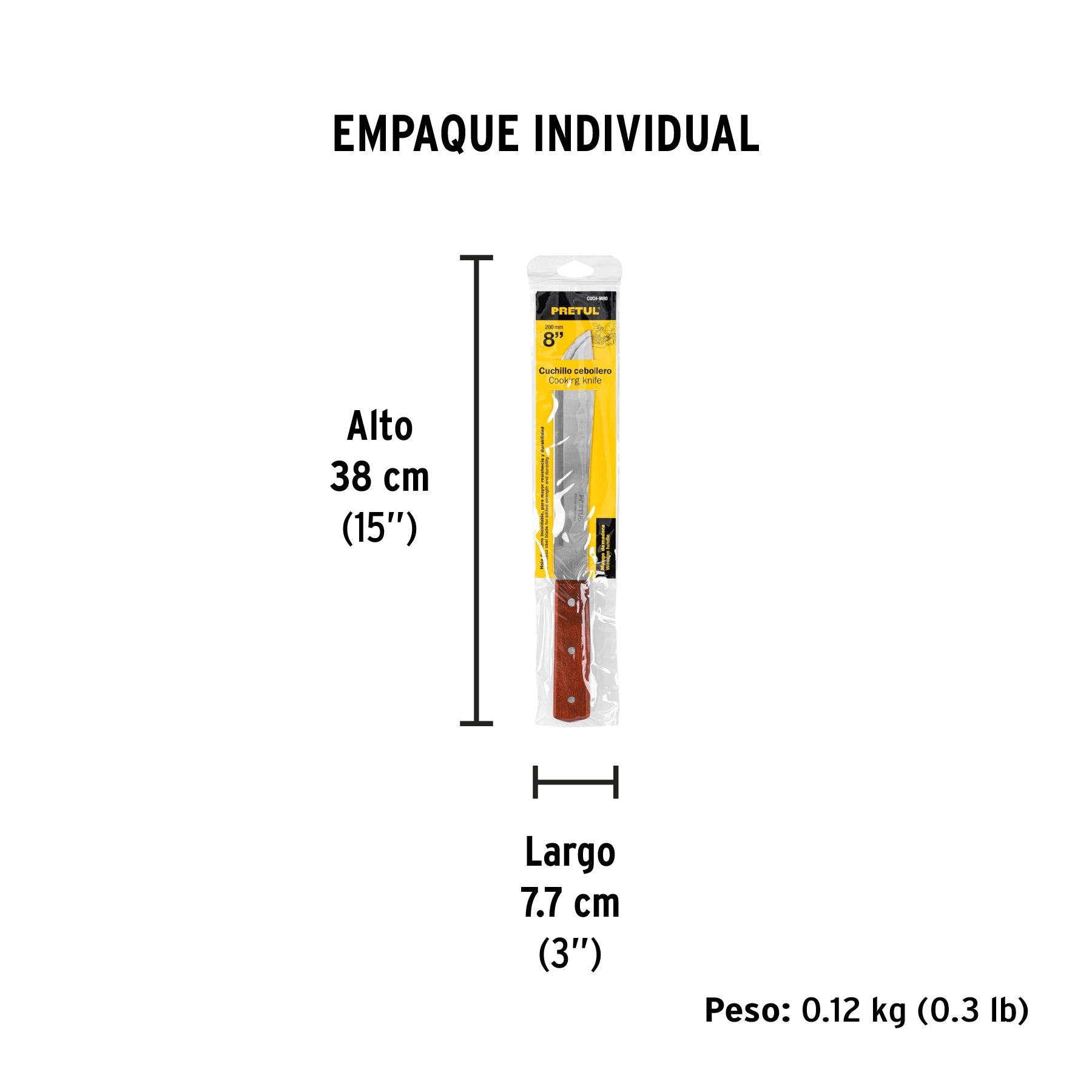 Cuchillo cebollero 8" mango de madera, PRETUL - Empaque