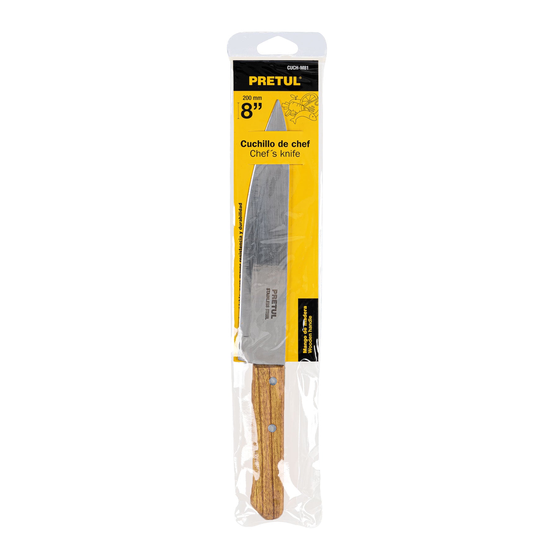 Cuchillo de chef 8" mango de madera, PRETUL