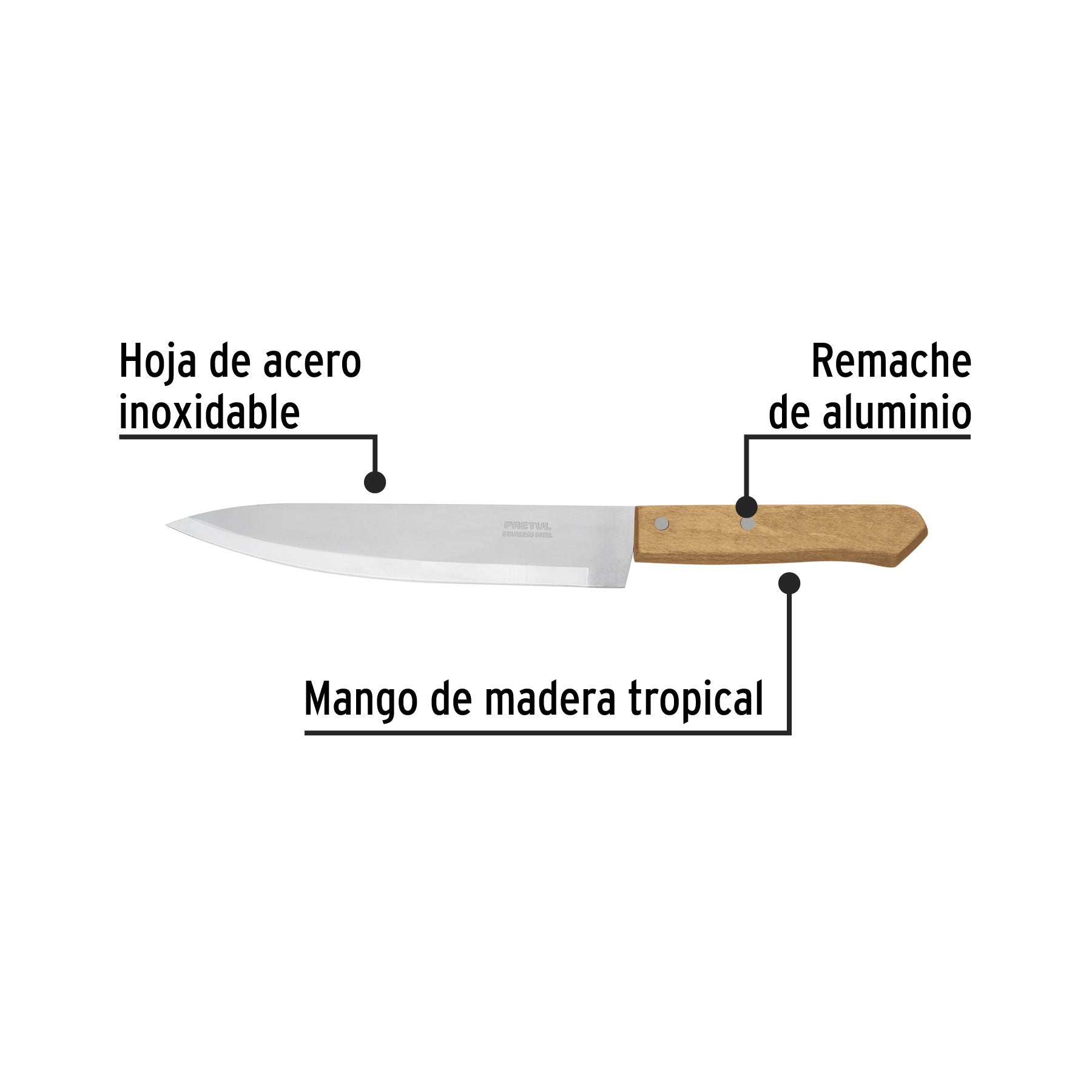 Cuchillo de chef 8" mango de madera, PRETUL
