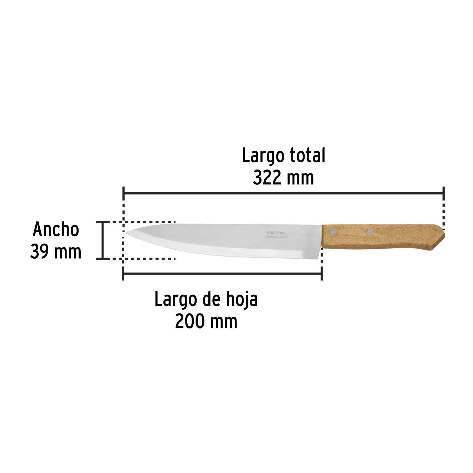 Cuchillo de chef 8" mango de madera, PRETUL