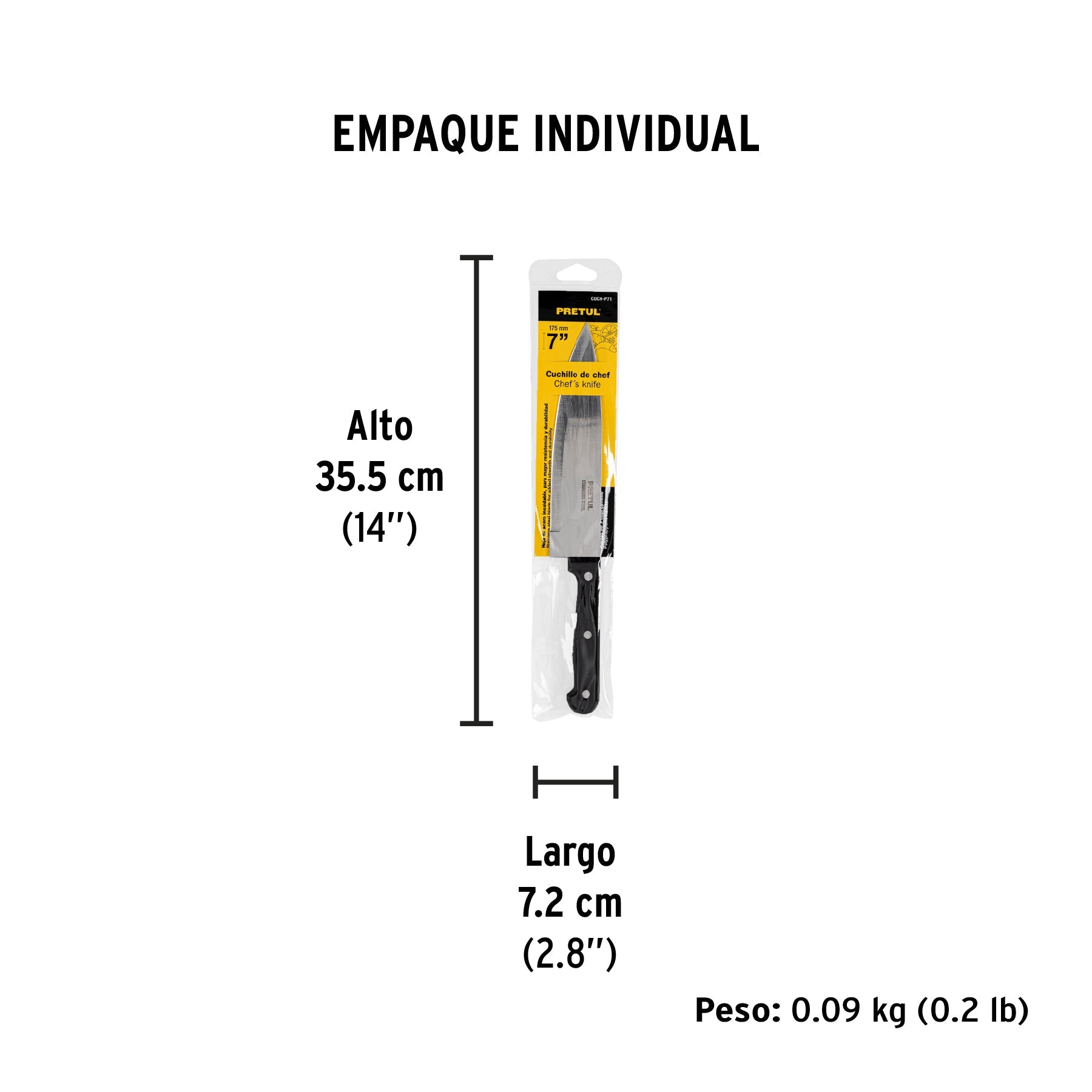 Cuchillo de chef 7" mango de polipropileno, PRETUL - Empaque