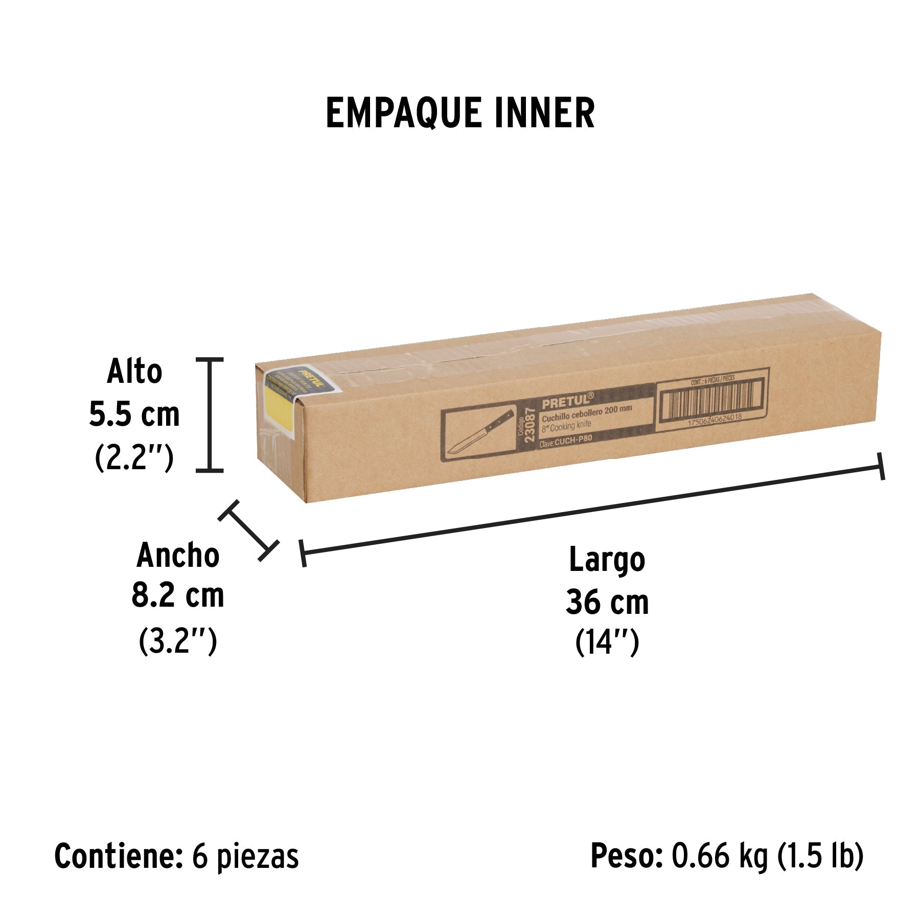 Cuchillo cebollero 8" mango de polipropileno, PRETUL - Empaque