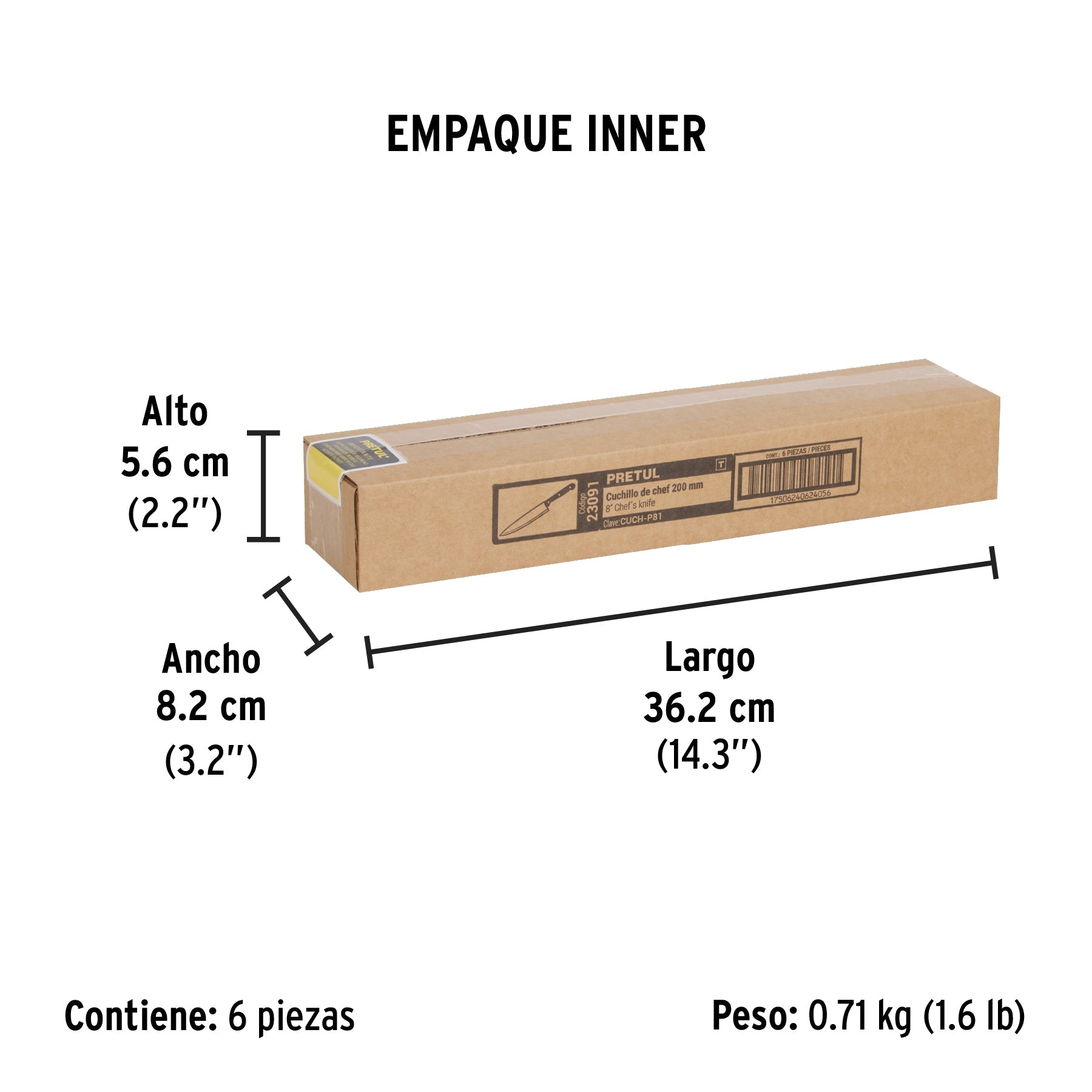 Cuchillo de chef 8" mango de polipropileno, PRETUL - Empaque