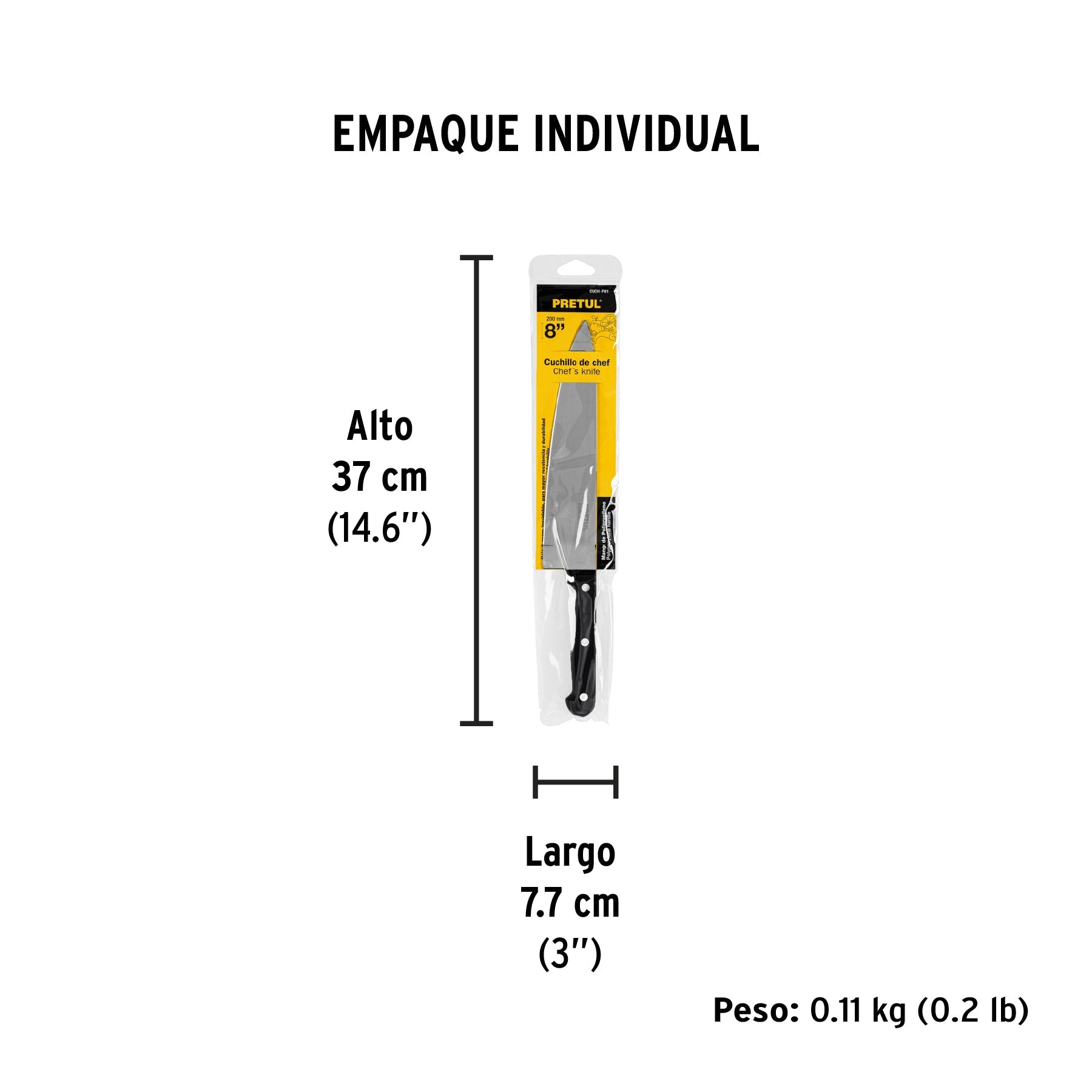Cuchillo de chef 8" mango de polipropileno, PRETUL - Empaque