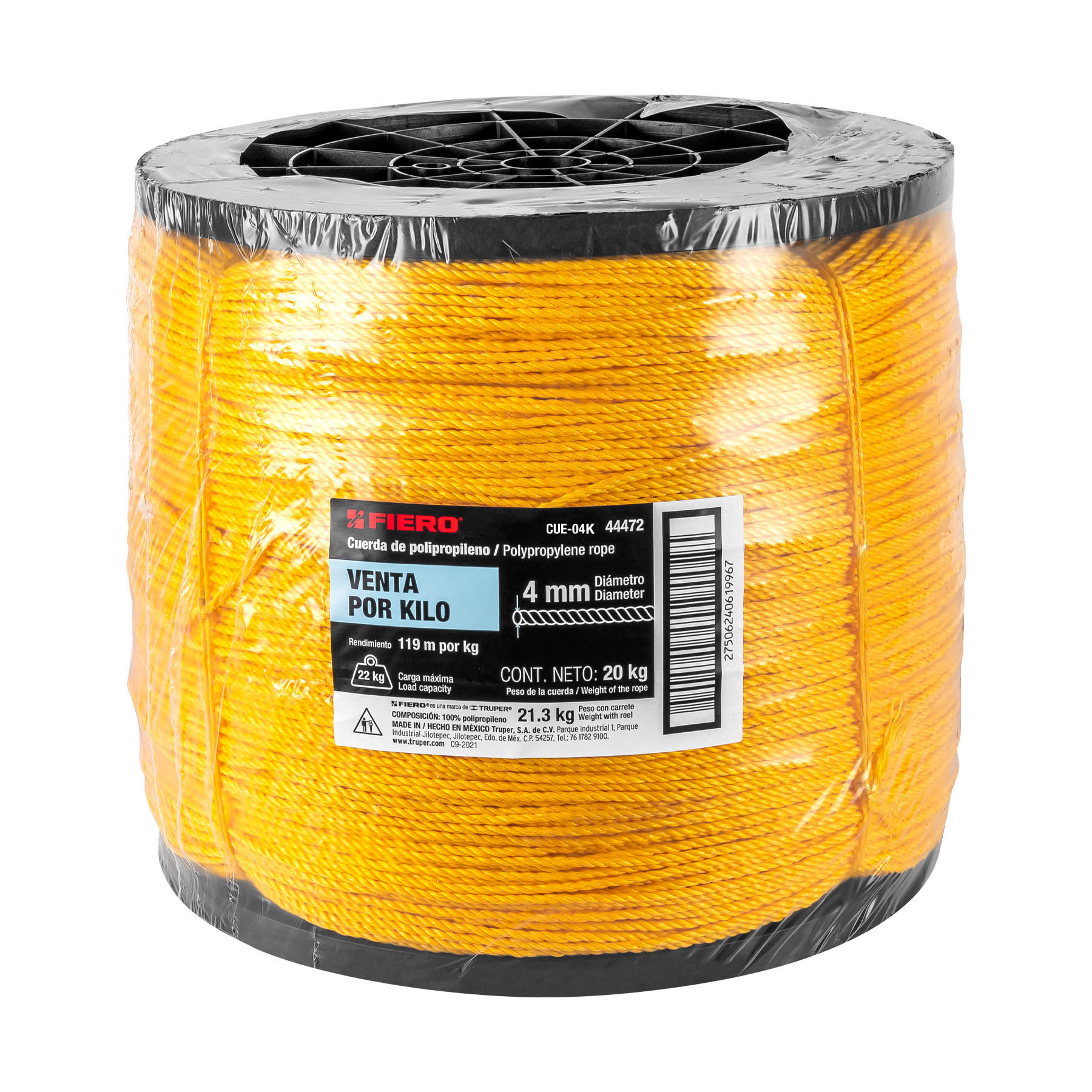 Kilo de cuerda amarilla de polipropileno 4mm, carrete 20 kg