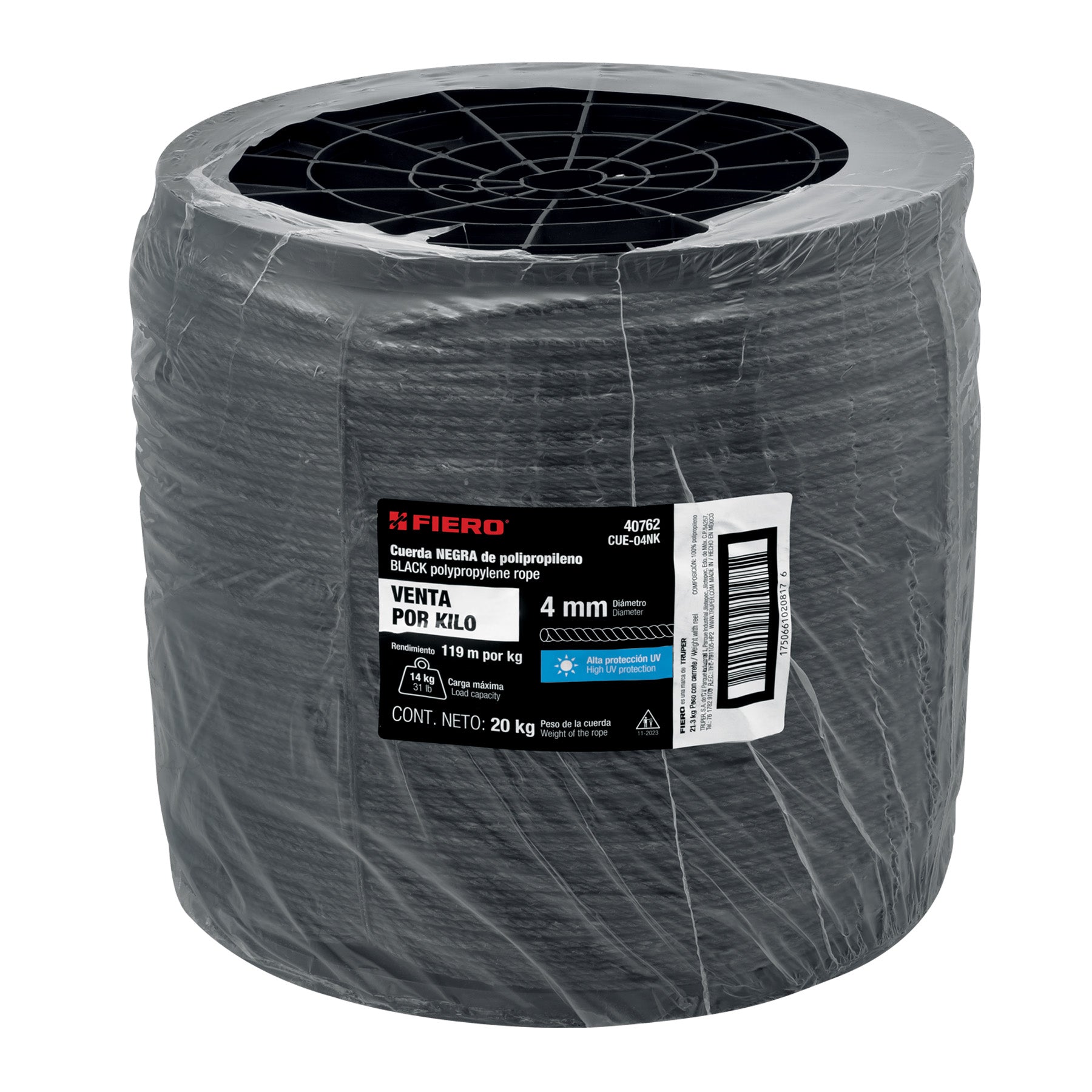 Kilo de cuerda negra de polipropileno 4 mm, carrete 20kg