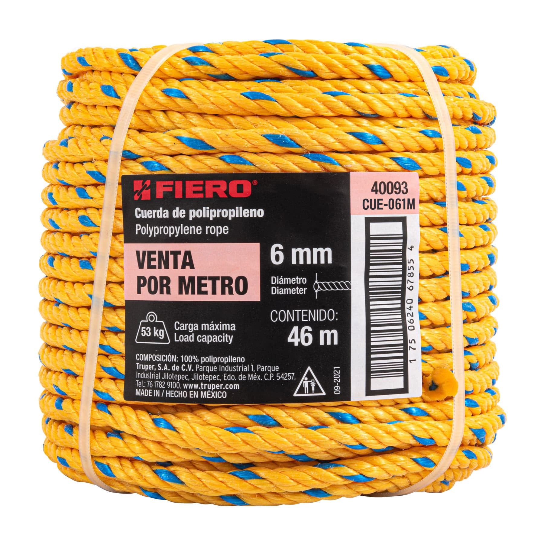 Metro de cuerda amarilla de polipropileno 6 mm, rollo 46m