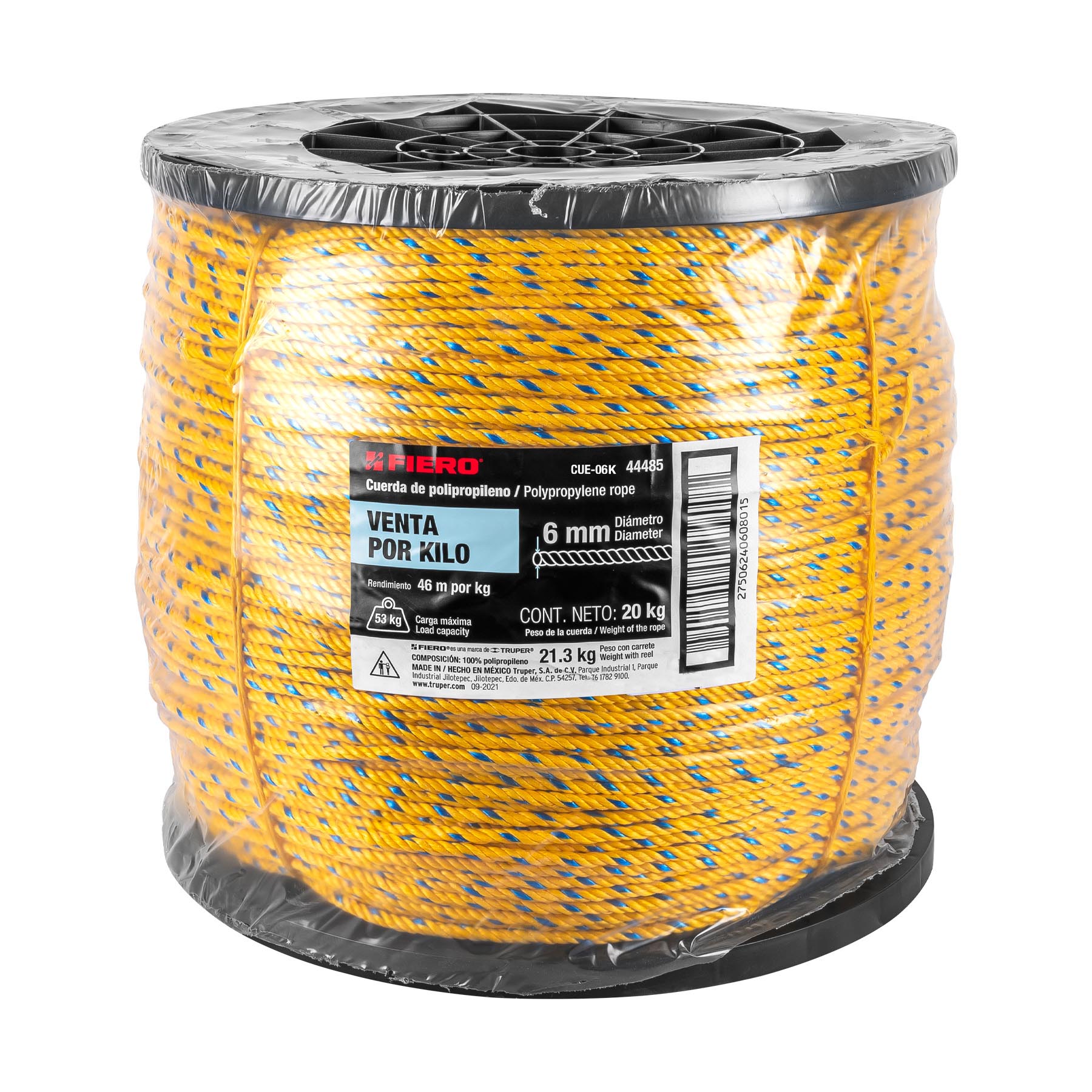 Kilo de cuerda amarilla de polipropileno 6mm, carrete 20kg