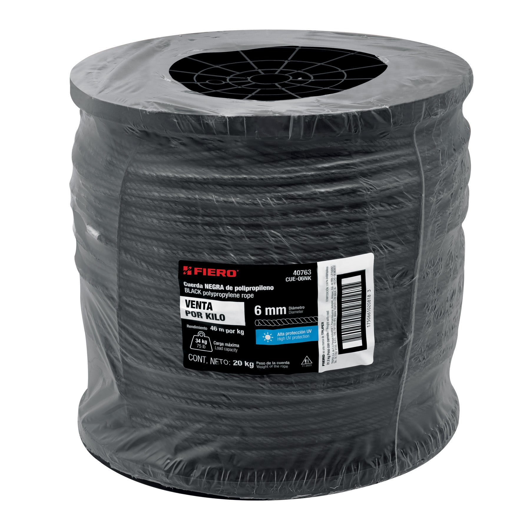 Kilo de cuerda negra de polipropileno 6 mm, carrete 20kg