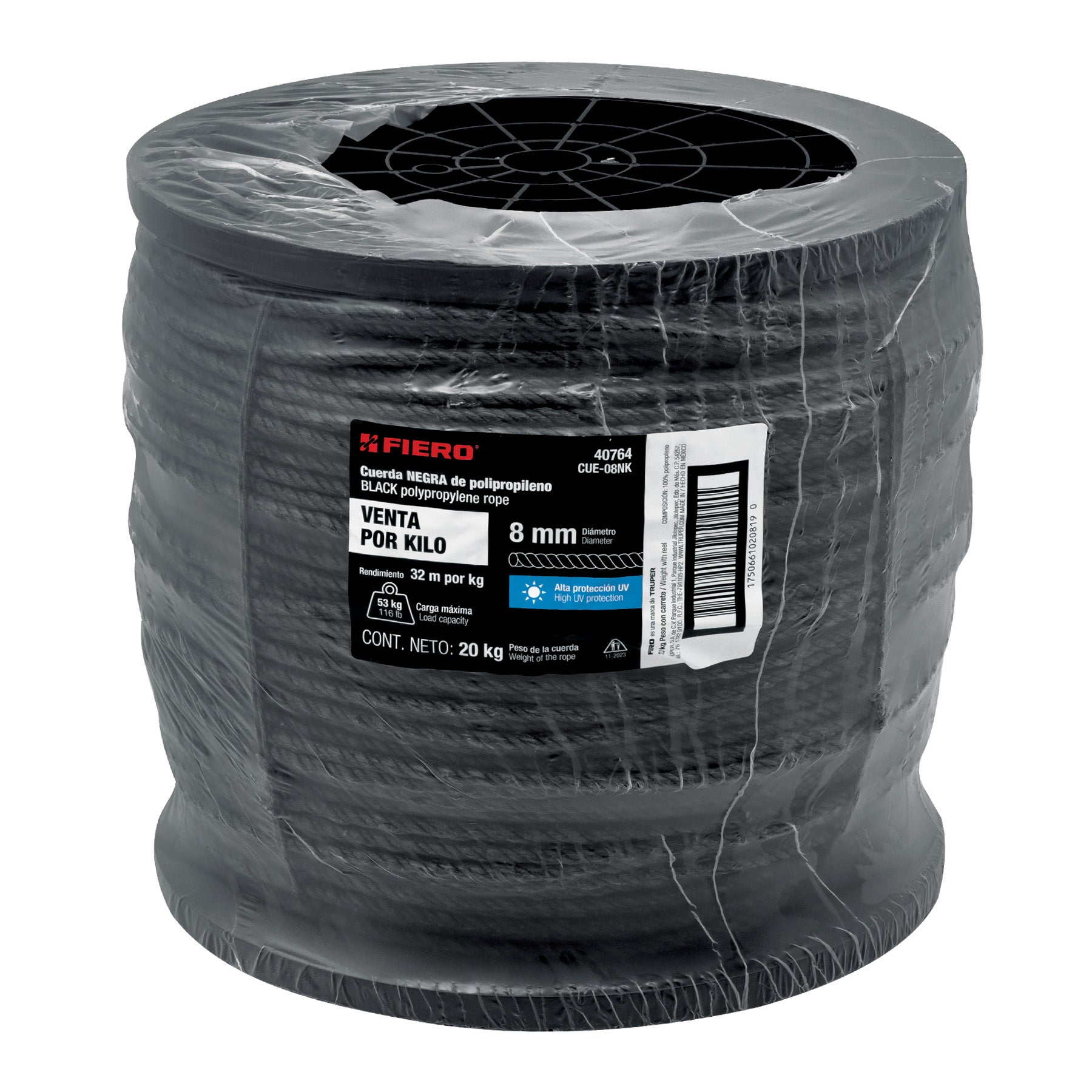 Kilo de cuerda negra de polipropileno 8 mm, carrete 20kg