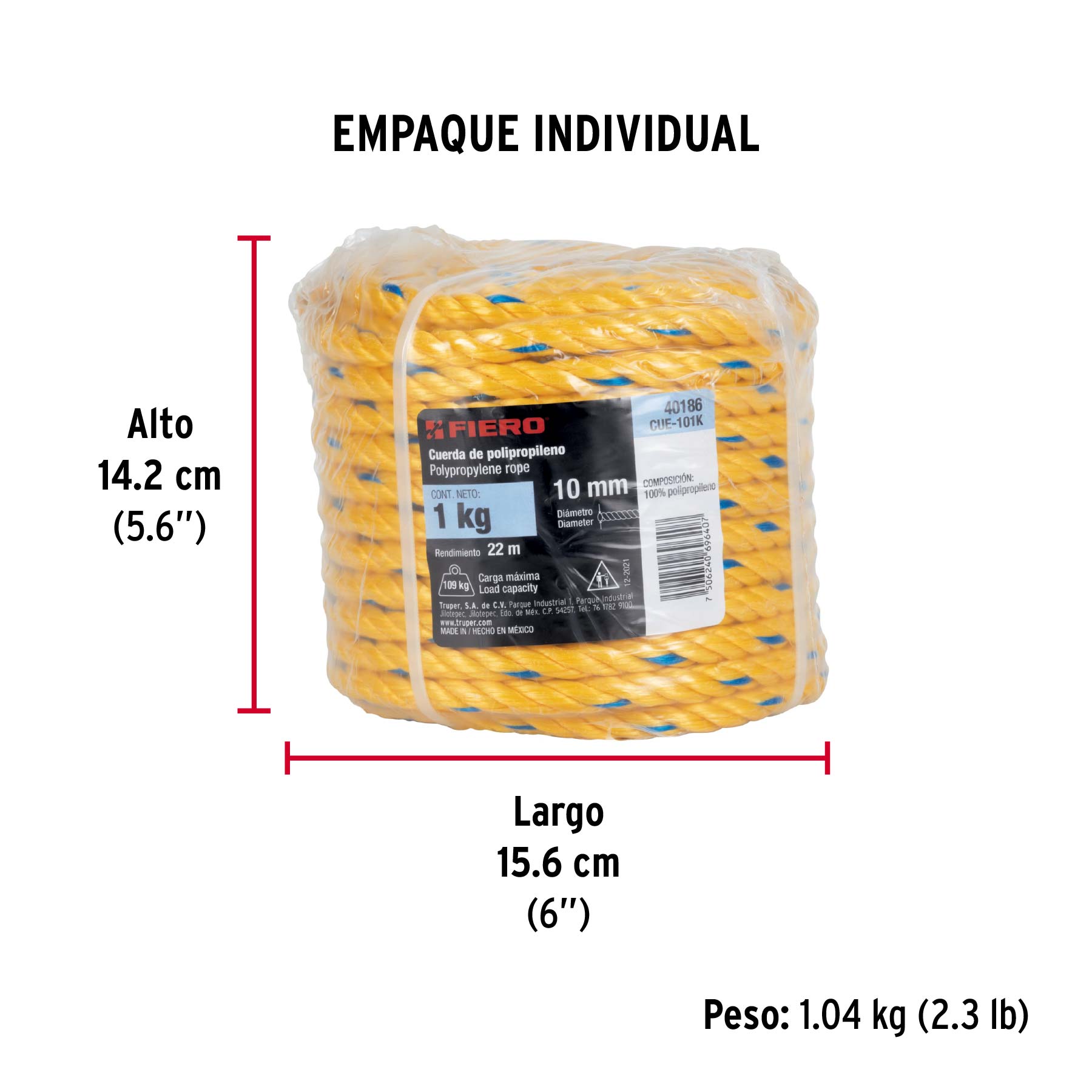 Kilo de cuerda amarilla de polipropileno 10 mm, rollo 1kg - Empaque