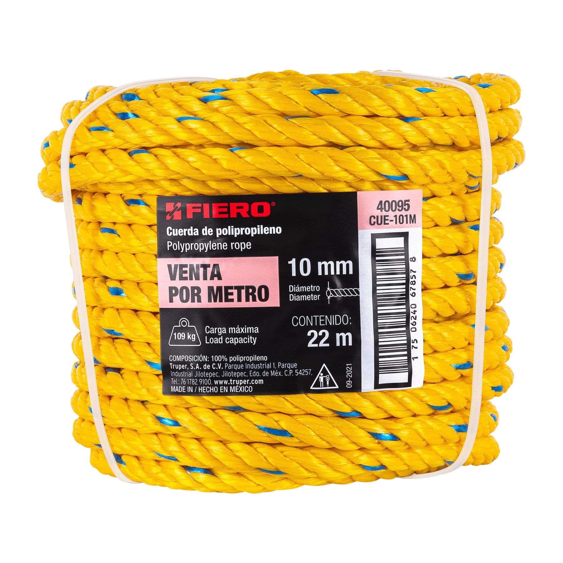 Metro de cuerda amarilla de polipropileno 10 mm, rollo 22m