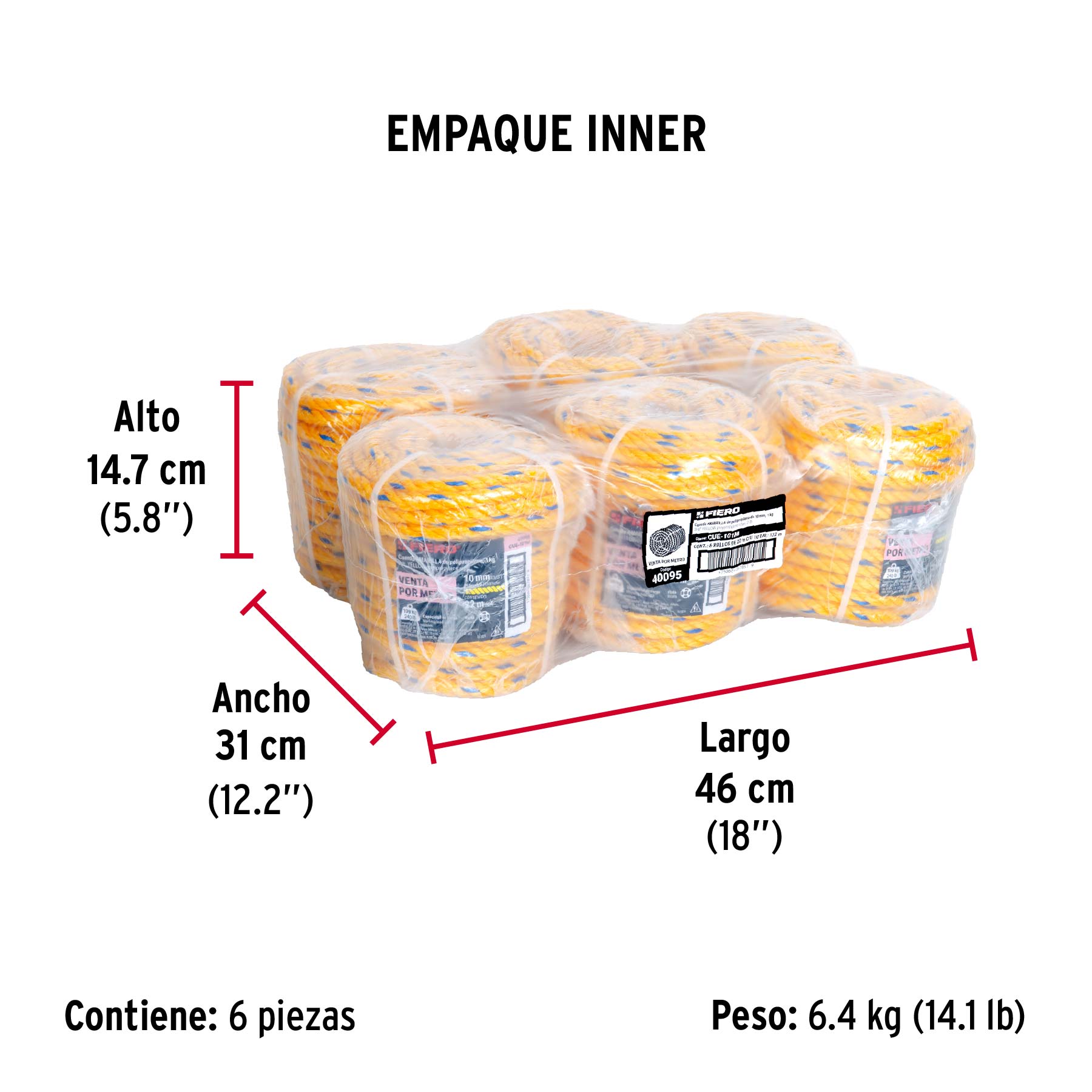 Metro de cuerda amarilla de polipropileno 10 mm, rollo 22m - Empaque
