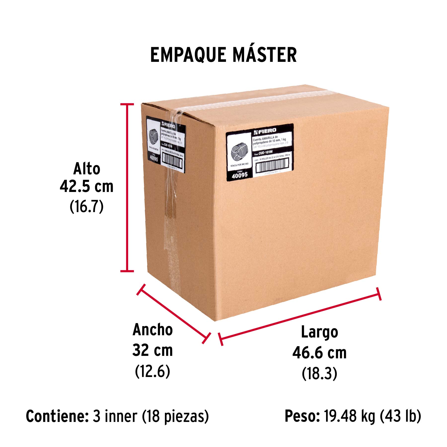 Metro de cuerda amarilla de polipropileno 10 mm, rollo 22m - Empaque