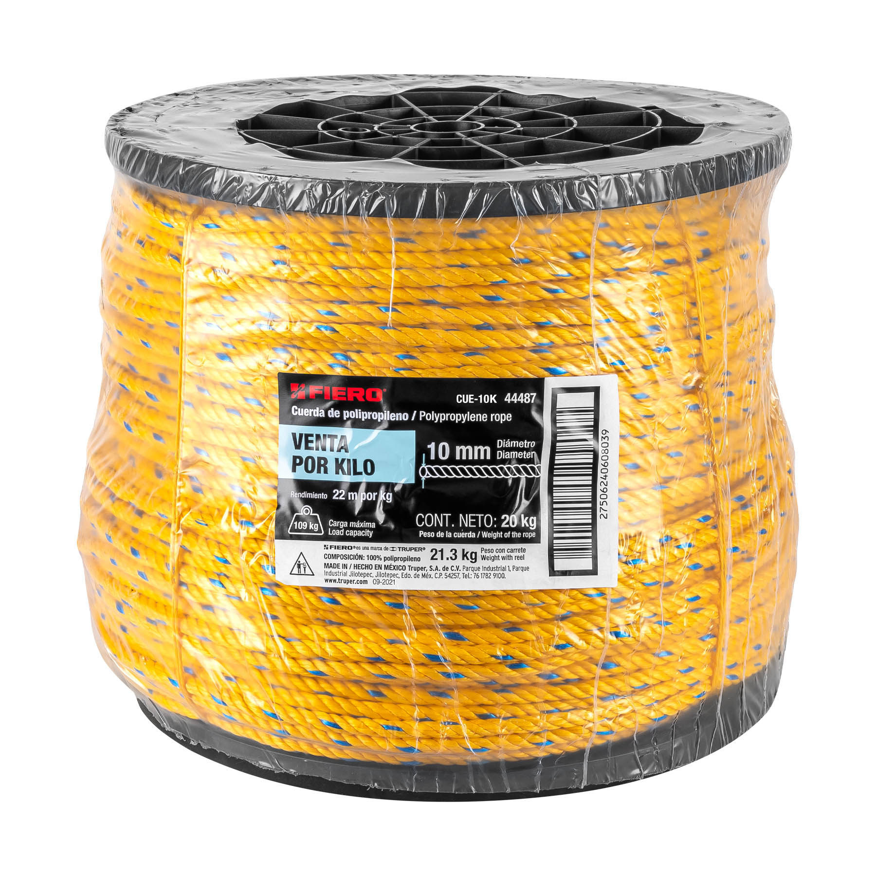 Kilo de cuerda amarilla de polipropileno 10mm, carrete 20kg