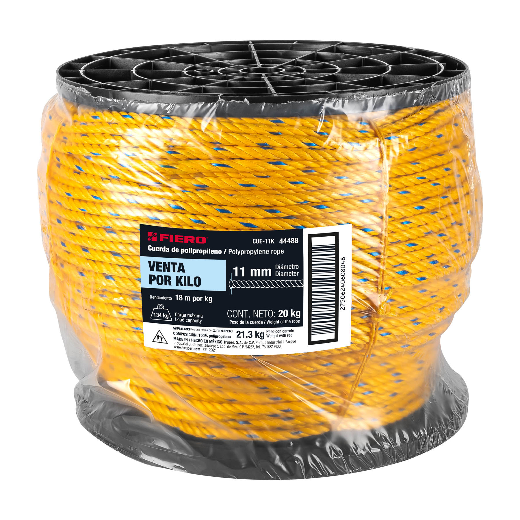 Kilo de cuerda amarilla de polipropileno 11mm, carrete 20kg