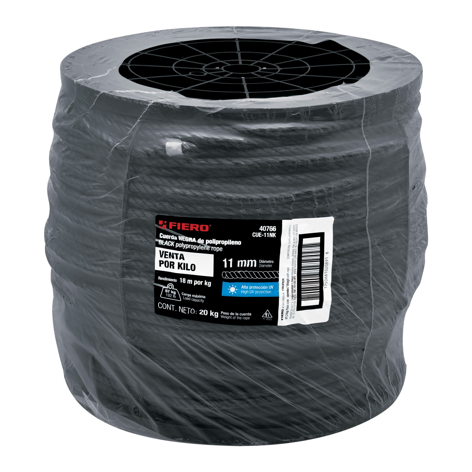 Kilo de cuerda negra de polipropileno 11 mm, carrete 20kg