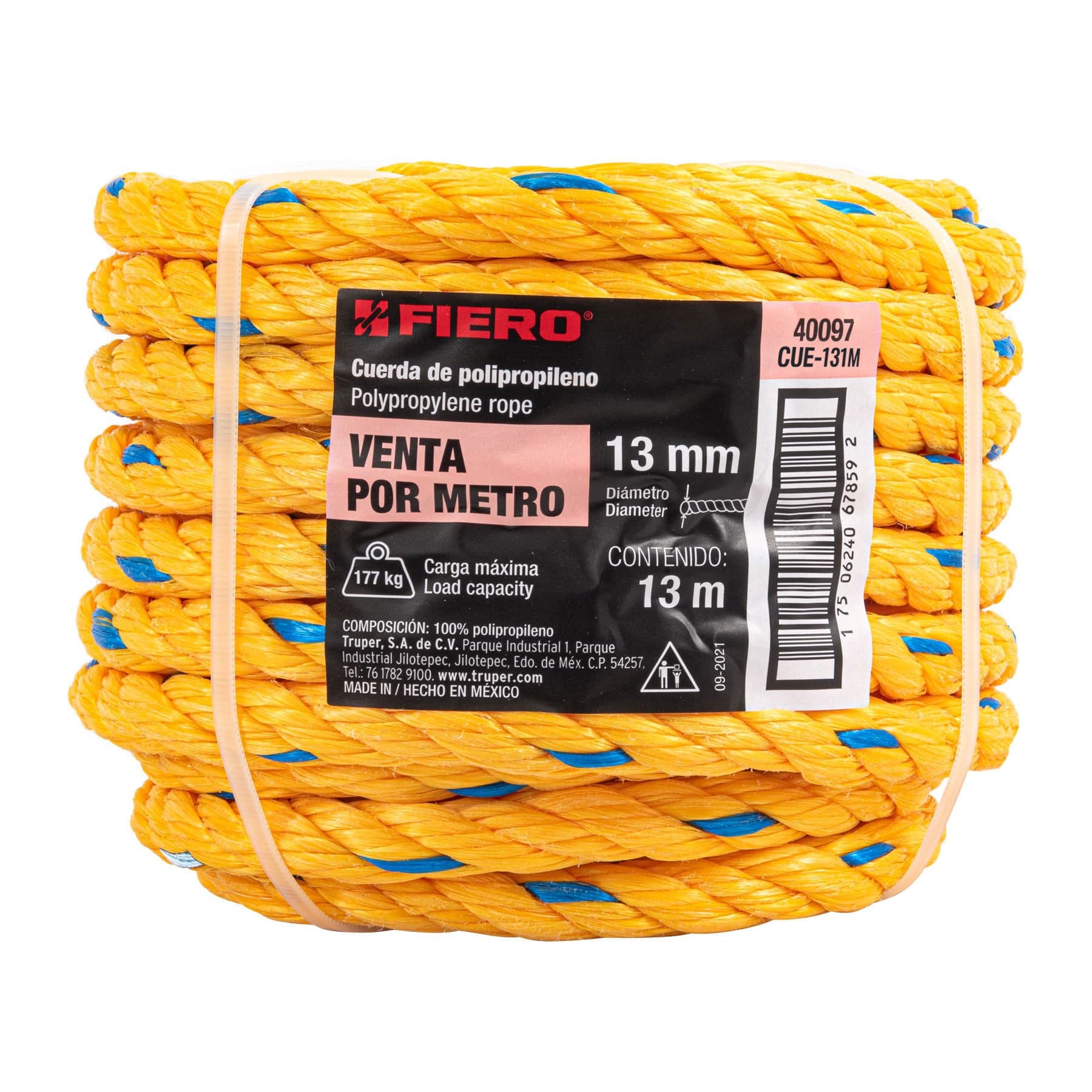 Metro de cuerda amarilla de polipropileno 13 mm, rollo 13m