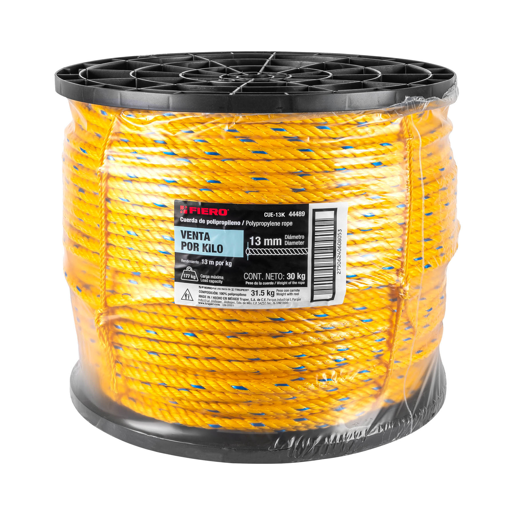 Kilo de cuerda amarilla de polipropileno 13mm, carrete 30kg