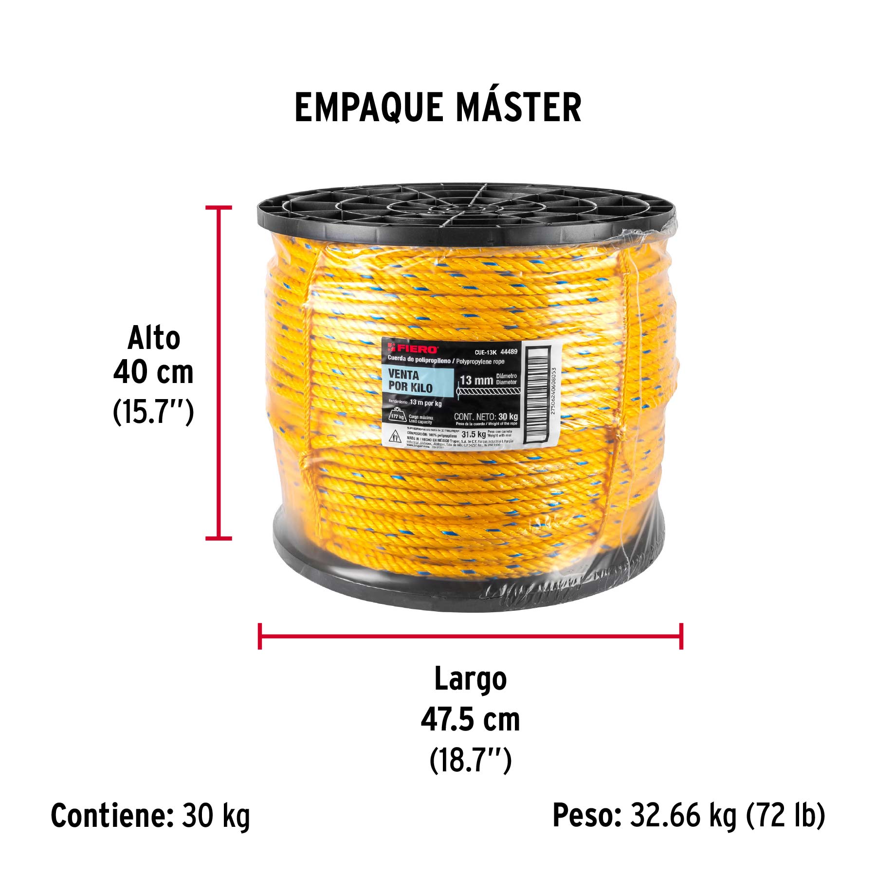 Kilo de cuerda amarilla de polipropileno 13mm, carrete 30kg - Empaque