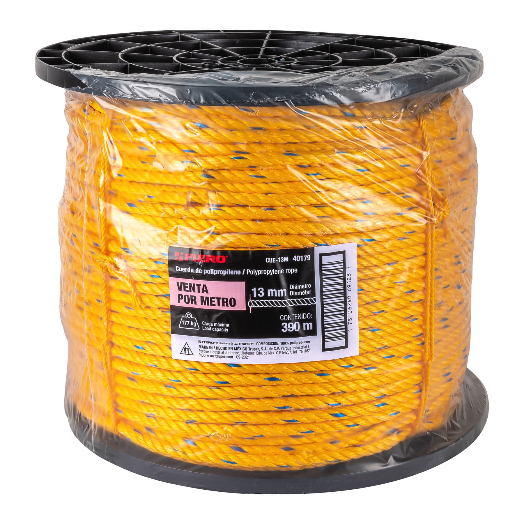 Metro de cuerda amarilla de polipropileno 13mm, carrete 390m