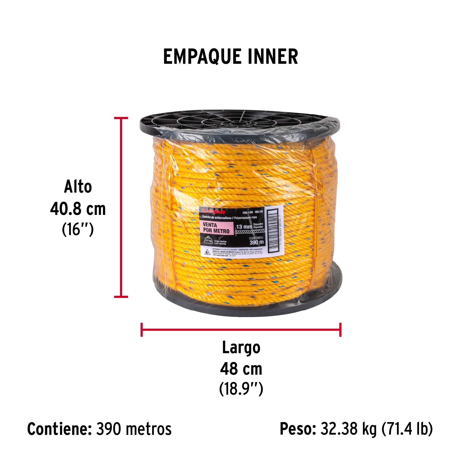 Metro de cuerda amarilla de polipropileno 13mm, carrete 390m - Empaque