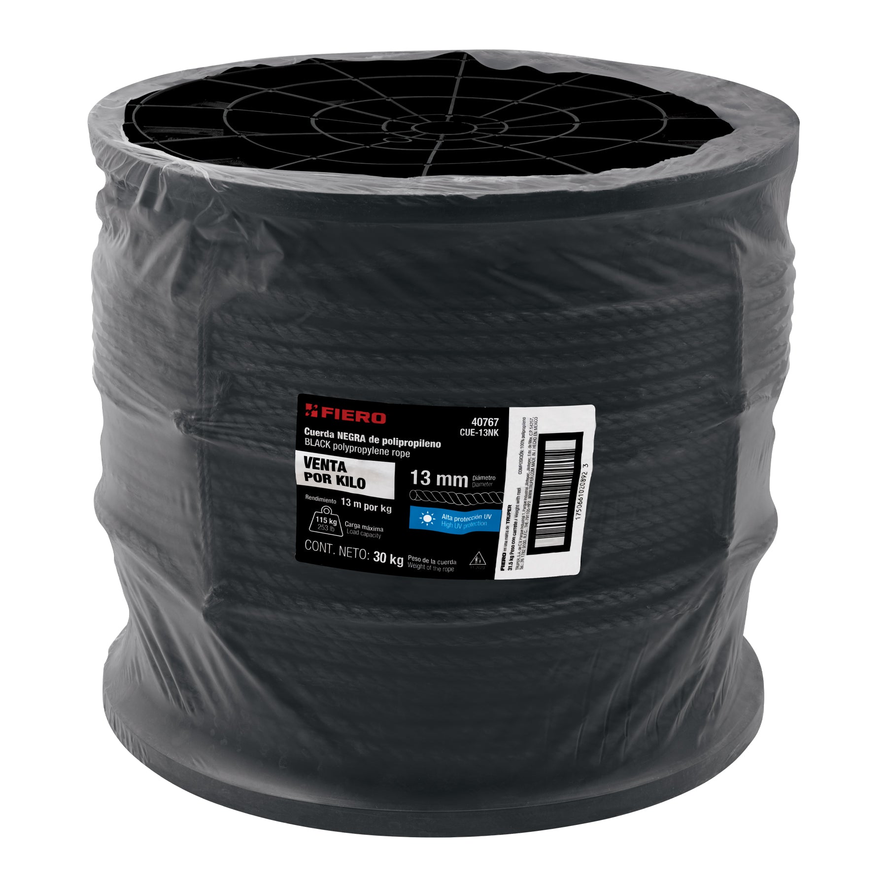 Kilo de cuerda negra de polipropileno 13 mm, carrete 30kg
