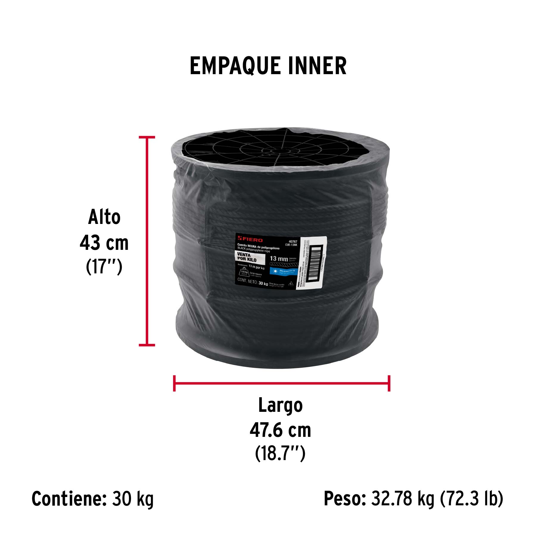 Kilo de cuerda negra de polipropileno 13 mm, carrete 30kg - Empaque