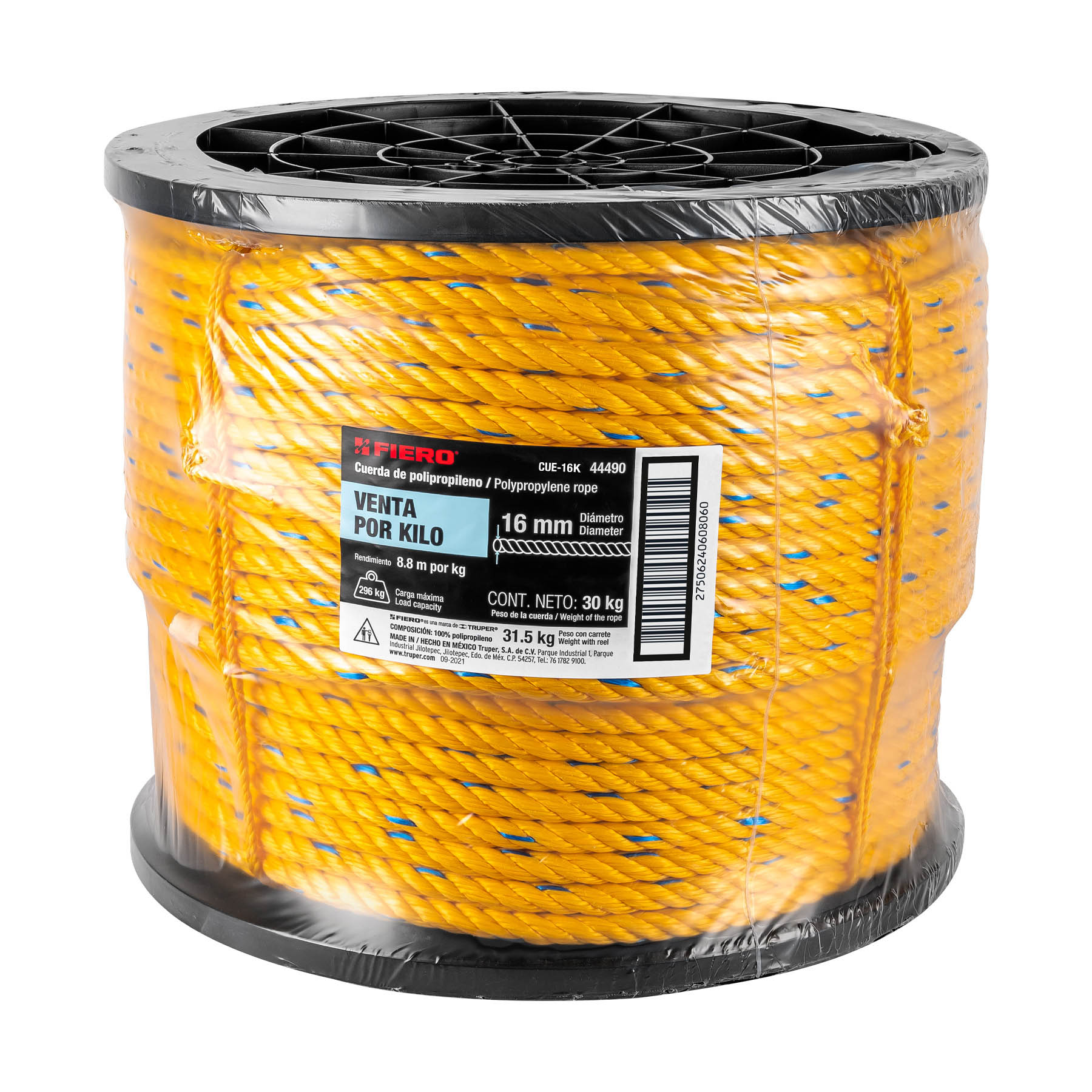 Kilo de cuerda amarilla de polipropileno 16mm, carrete 30kg