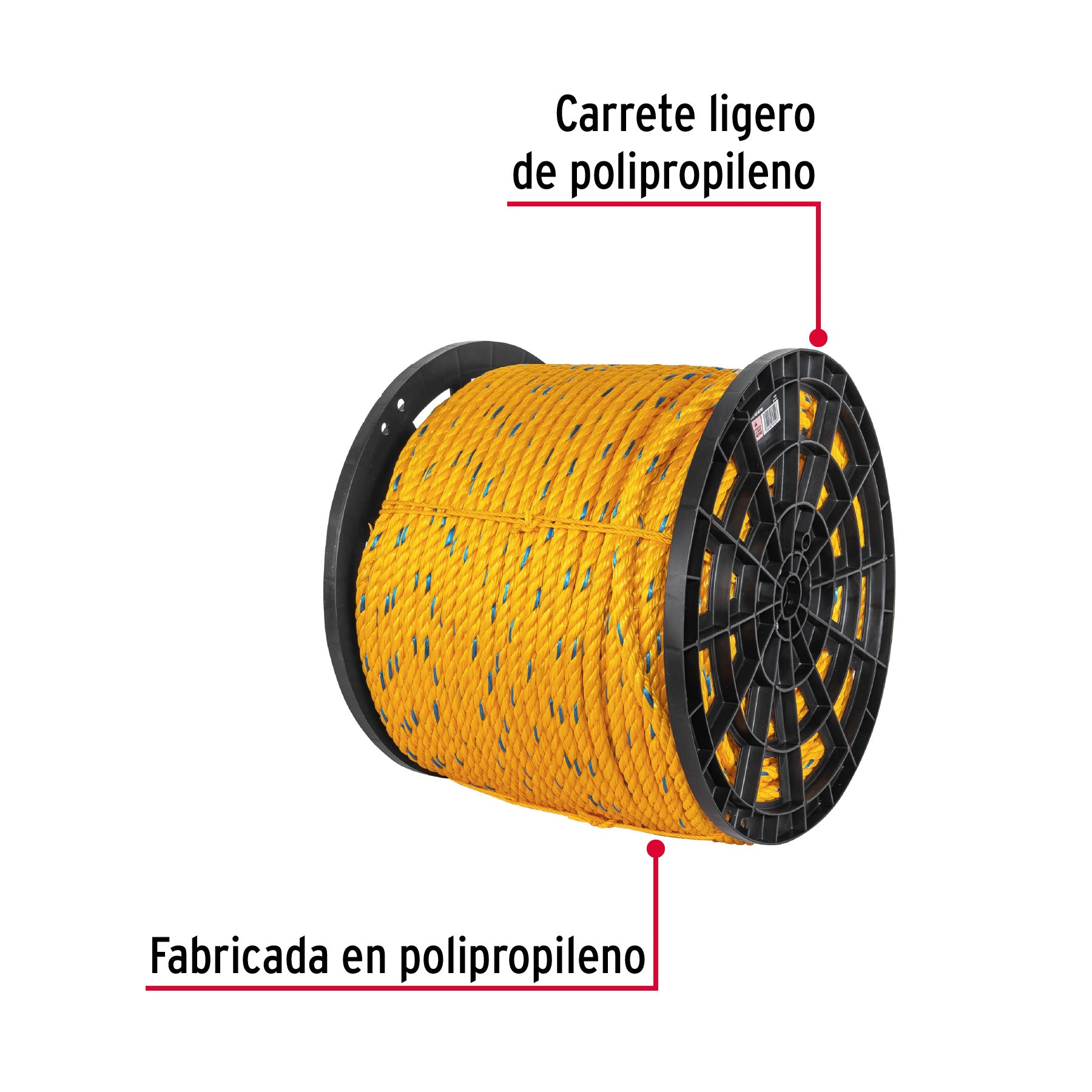 Metro de cuerda amarilla de polipropileno 16mm, carrete 264m