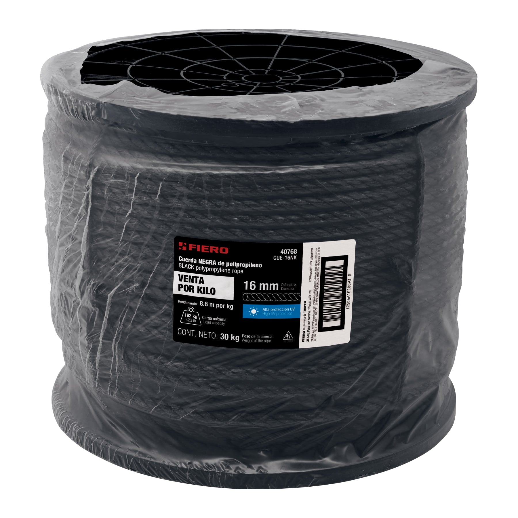Kilo de cuerda negra de polipropileno 16 mm, carrete 30kg
