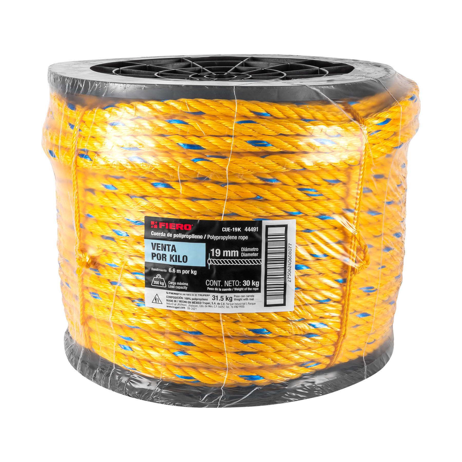 Kilo de cuerda amarilla de polipropileno 19mm, carrete 30kg