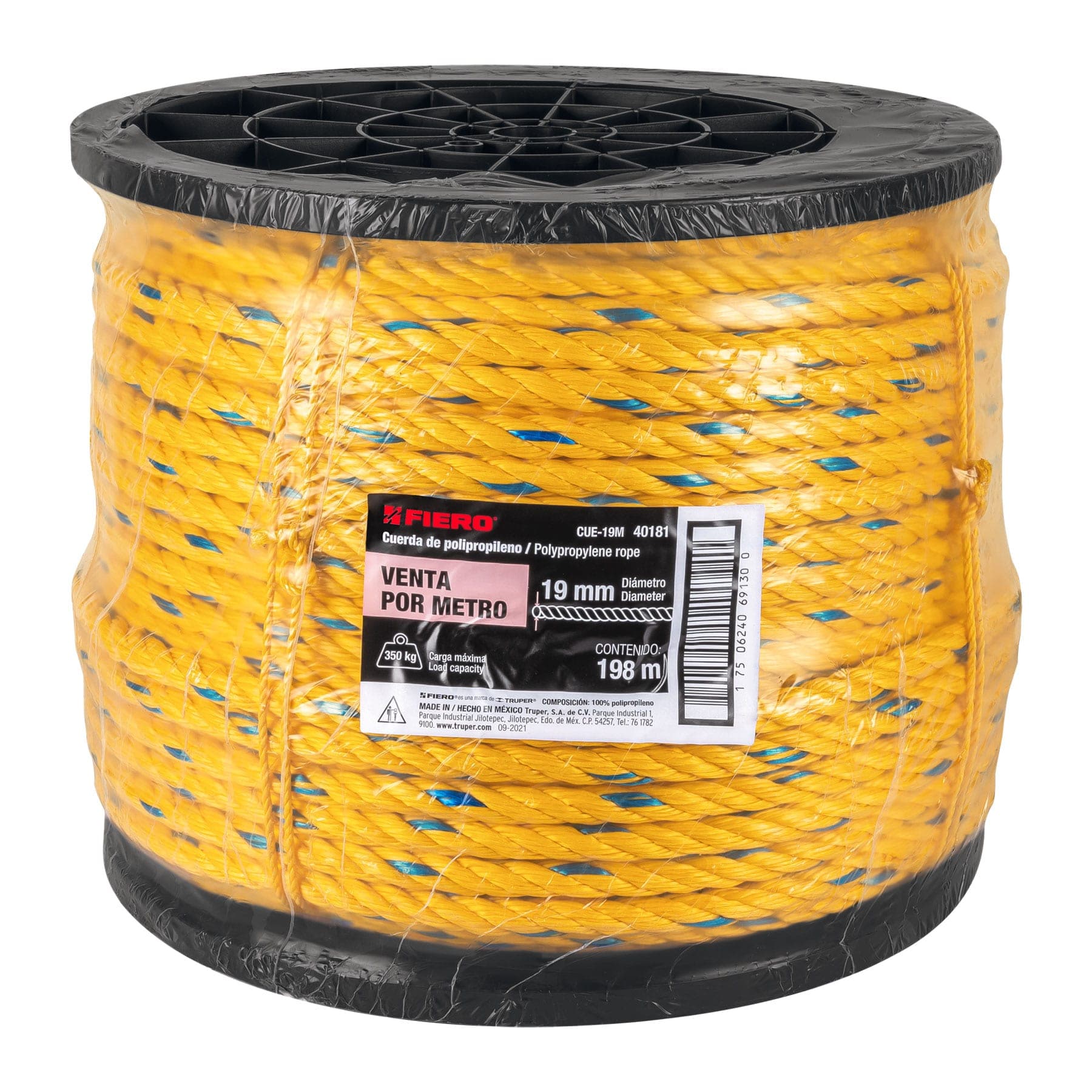 Metro de cuerda amarilla de polipropileno 19mm, carrete 198m