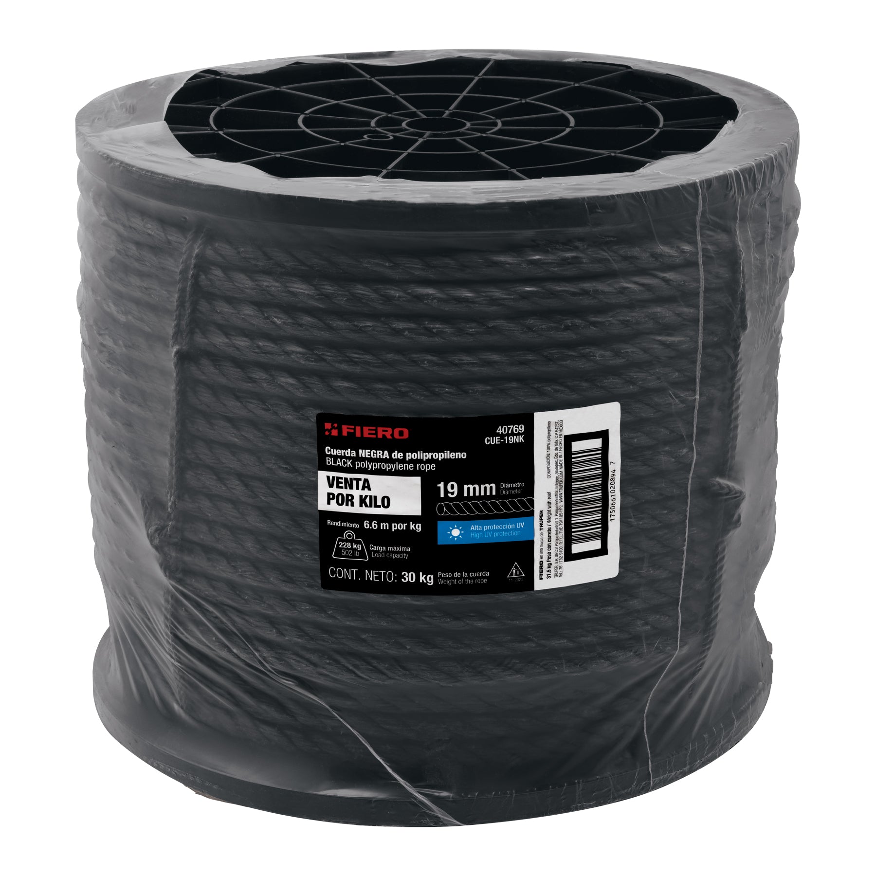 Kilo de cuerda negra de polipropileno 19 mm, carrete 30kg