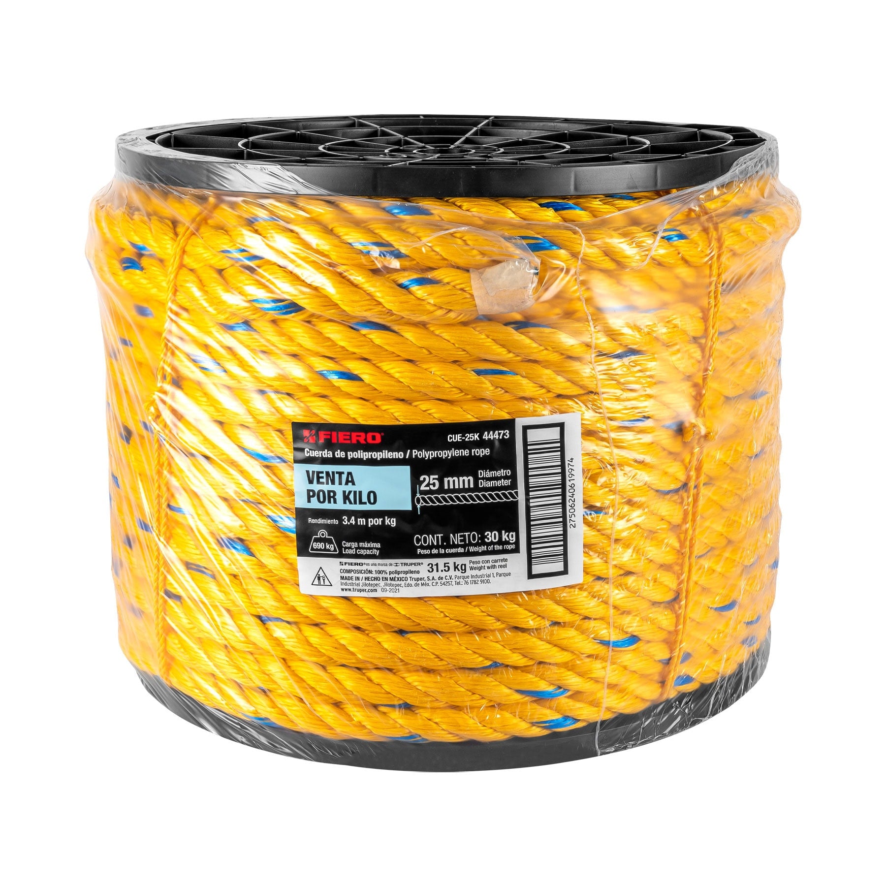 Kilo de cuerda amarilla de polipropileno 25mm, carrete 30kg