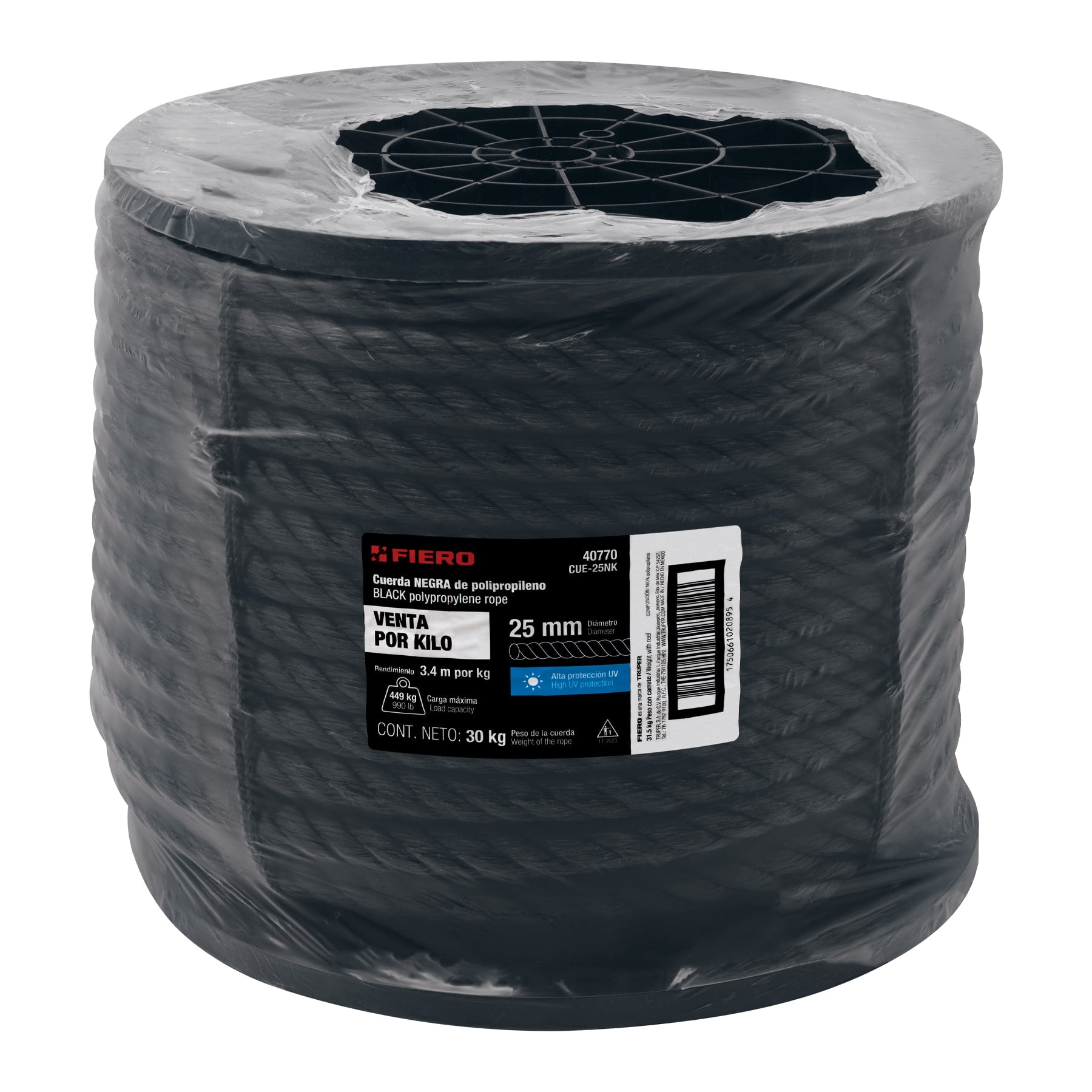 Kilo de cuerda negra de polipropileno 25 mm, carrete 30kg