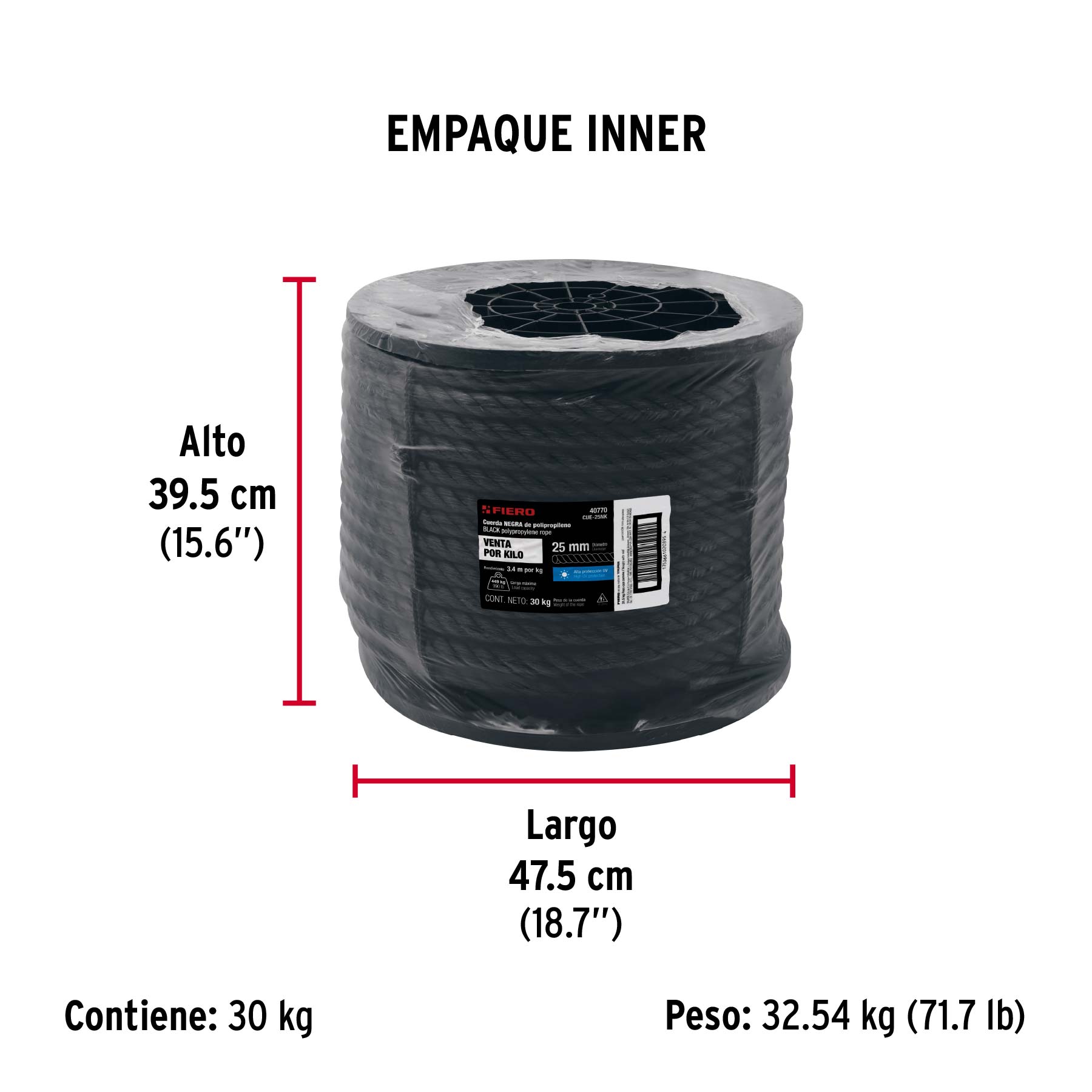 Kilo de cuerda negra de polipropileno 25 mm, carrete 30kg - Empaque
