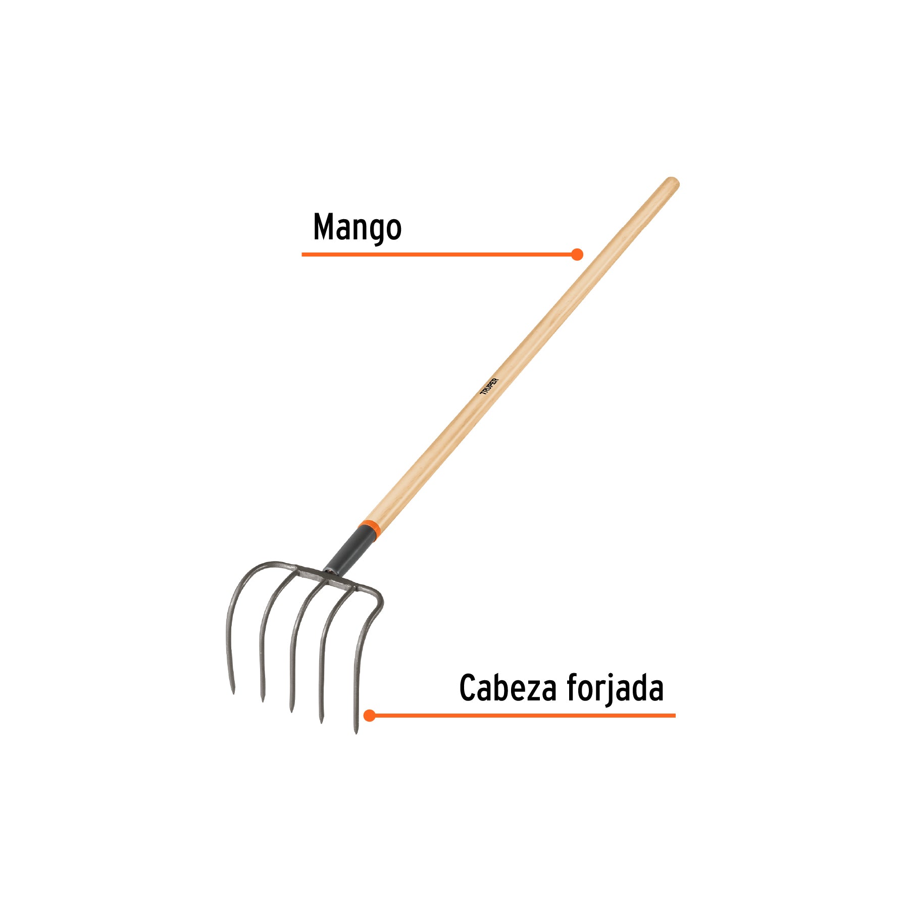 Cultivador forjado, 5 dientes, mango de madera 60", TRUPER