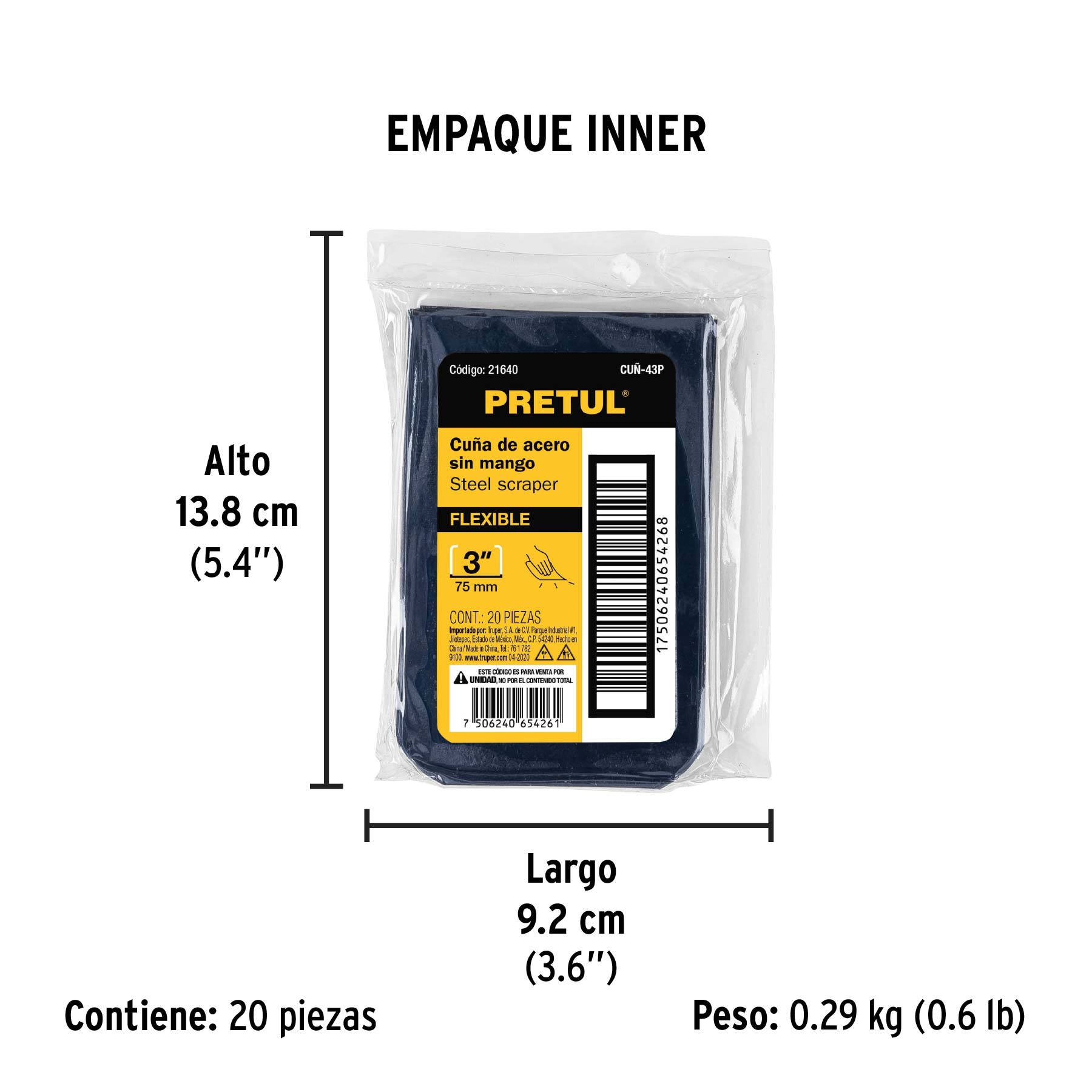 Cuña de 4" x 3" sin mango, bolsa con 20 piezas, PRETUL - Empaque
